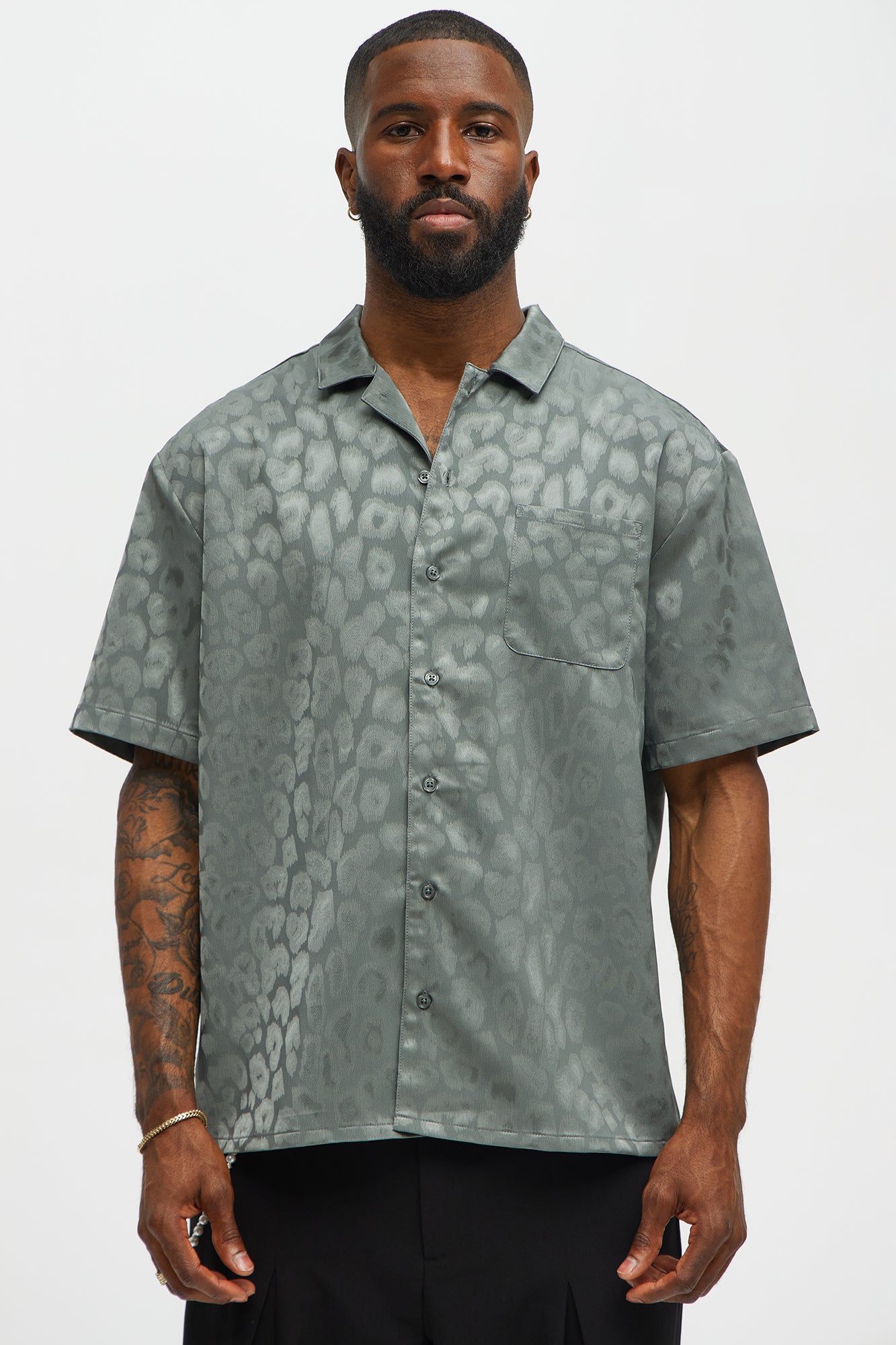 Satin Leopard Button Up Shirt - Grey - Image 3