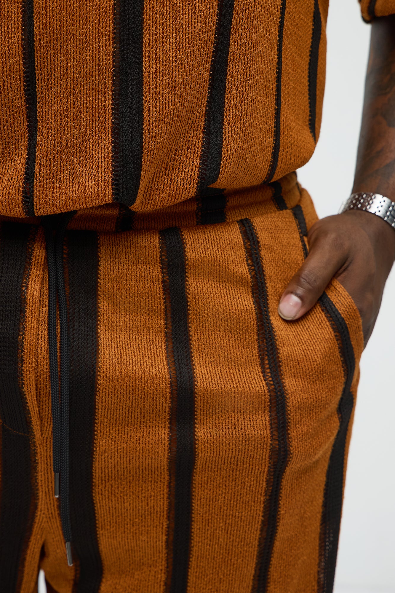 Open Knit Striped Textured Relaxed Short - Brown - Image 7