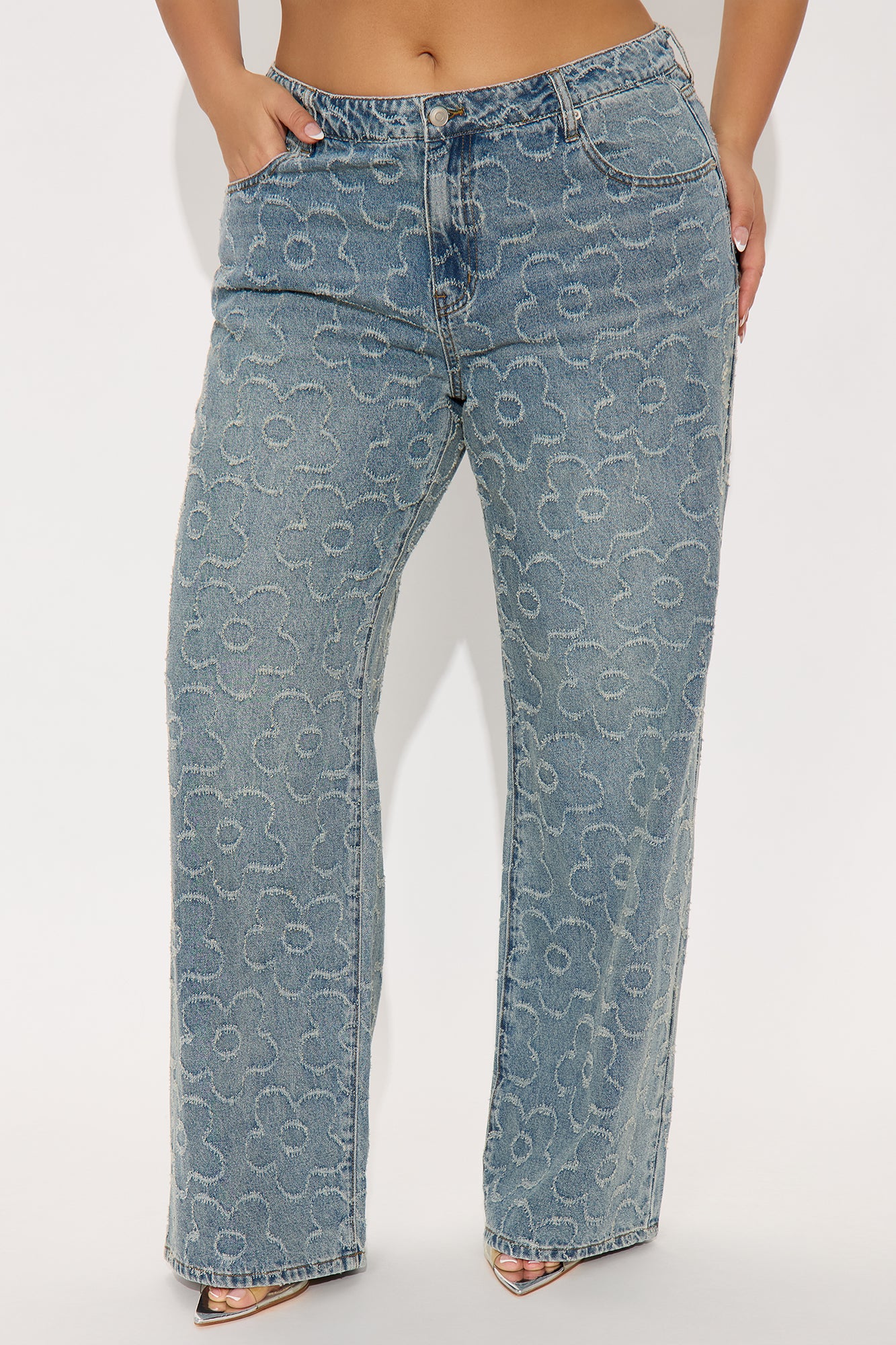 Flower Power Jacquard Wide Leg Jeans - Medium Wash - Image 4