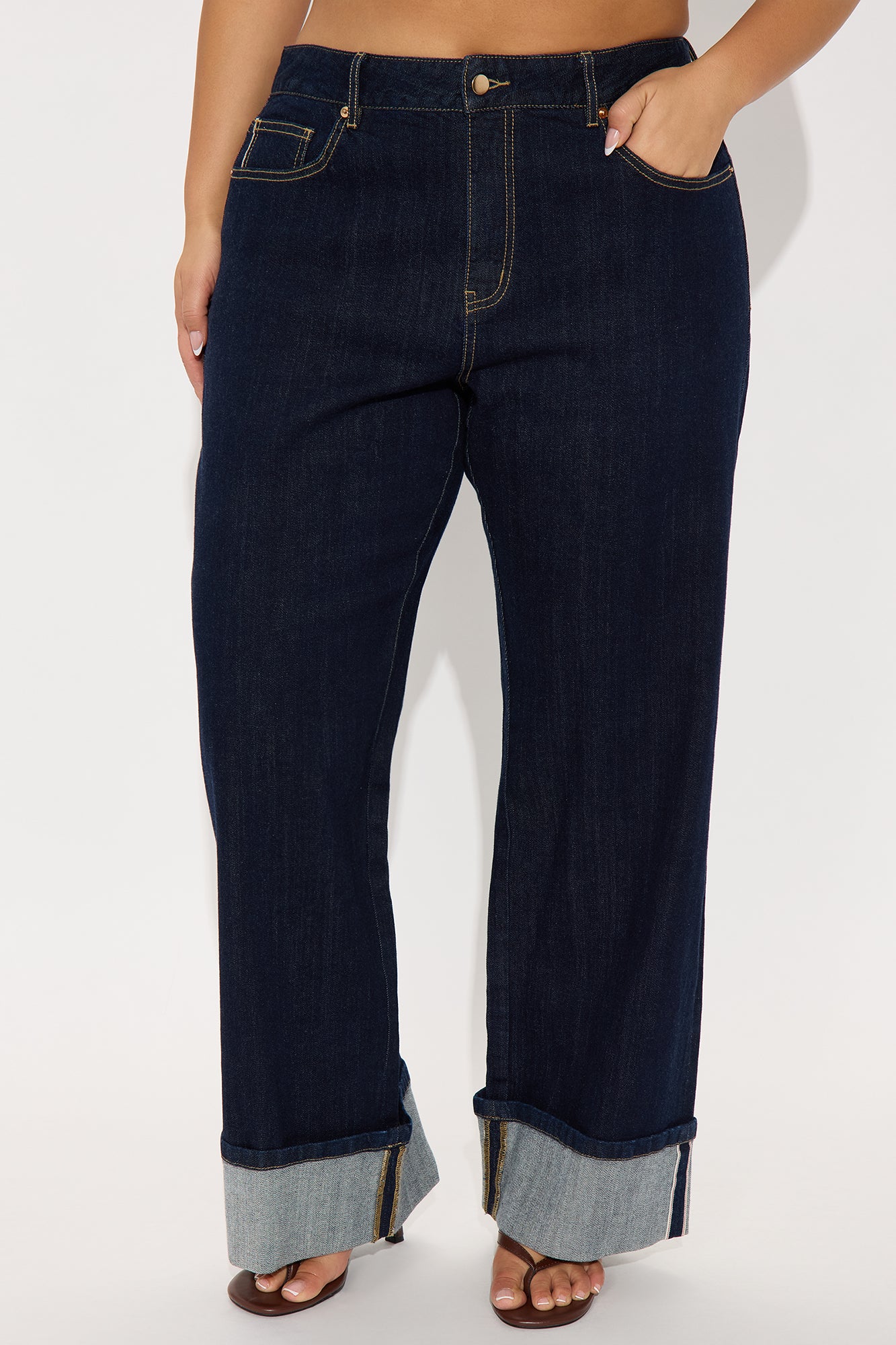 Premium Cuffed Straight Leg Jeans - Dark Wash - Image 7