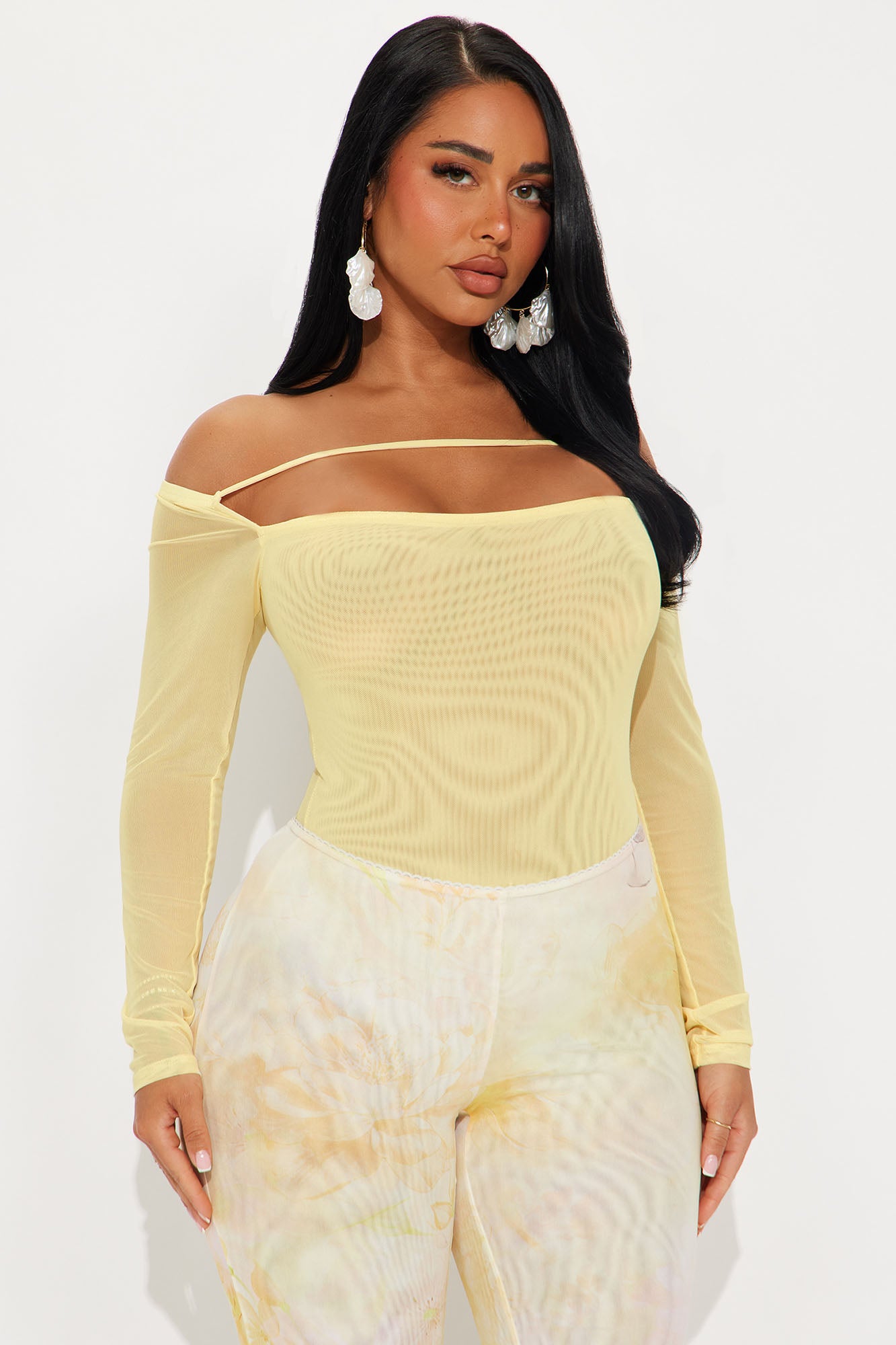 Blake Mesh Off Shoulder Bodysuit - Butter Yellow - Image 3