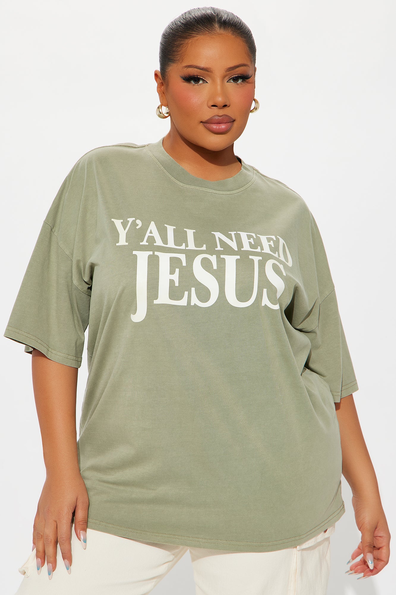 Y'all Need Jesus Washed Tee - Olive - Image 4