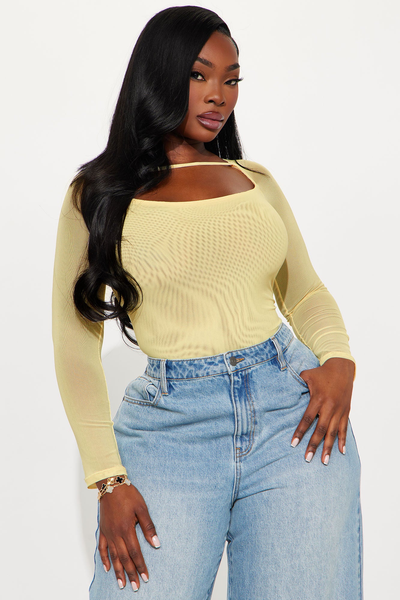 Blake Mesh Off Shoulder Bodysuit - Butter Yellow - Image 7