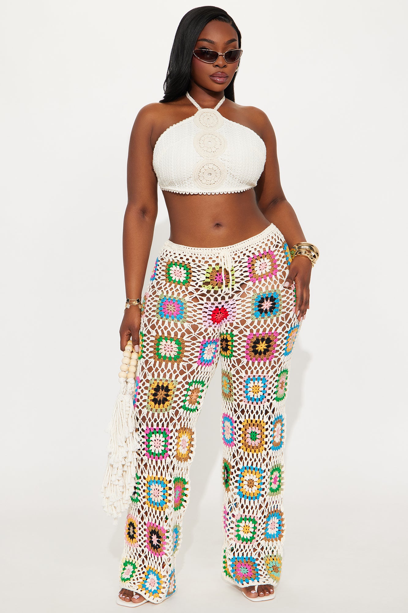 Thriving In The Sun Crochet Wide Leg Pant - Cream/combo - Image 4