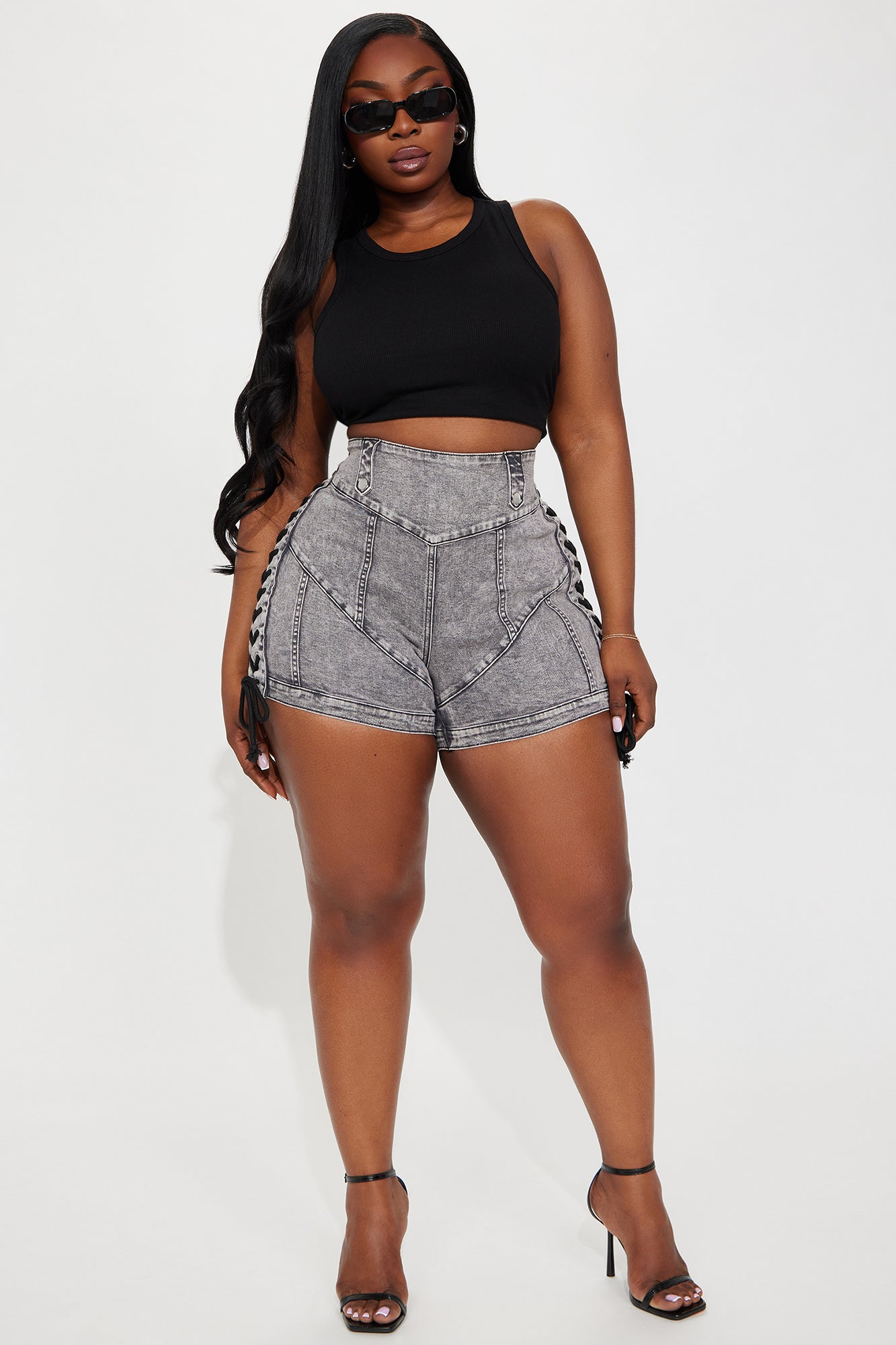 Most Likely Lace Up Stretch Denim Shorts - Grey - Image 4
