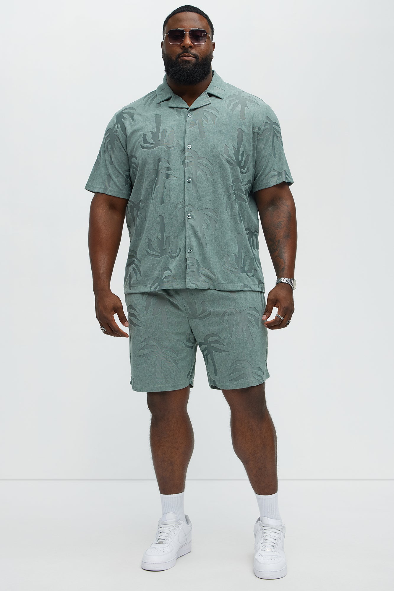 Tropical Trees Jacquard Cuban Button Down Shirts  - Sage - Image 5