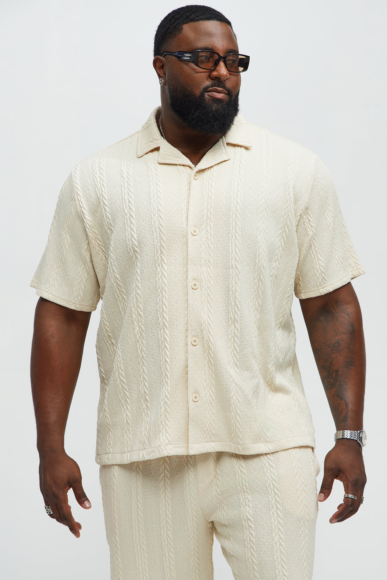 Textured Stripes Cuban Short Sleeve Button Up Shirt - Cream - Image 5