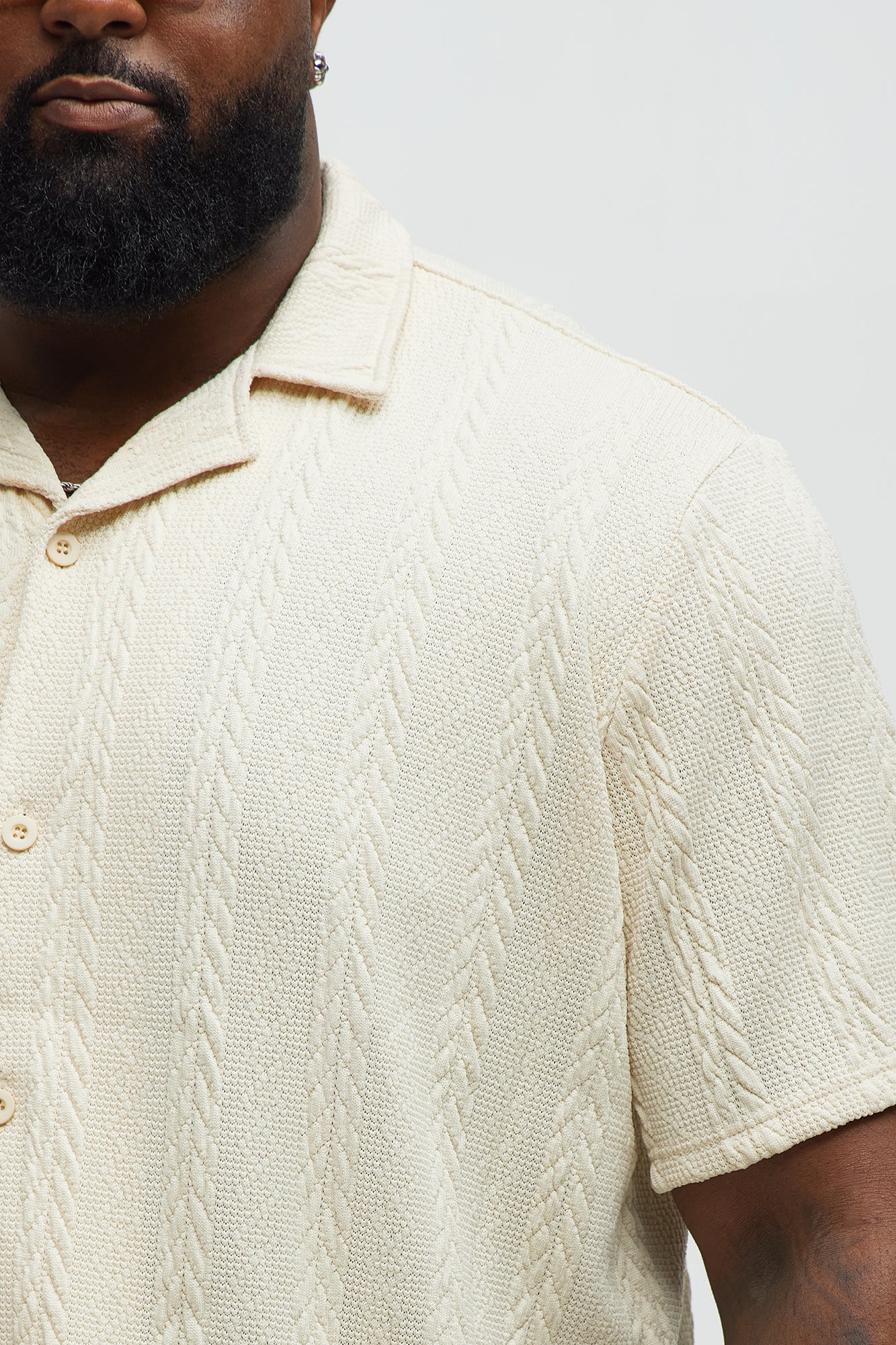 Textured Stripes Cuban Short Sleeve Button Up Shirt - Cream - Image 7