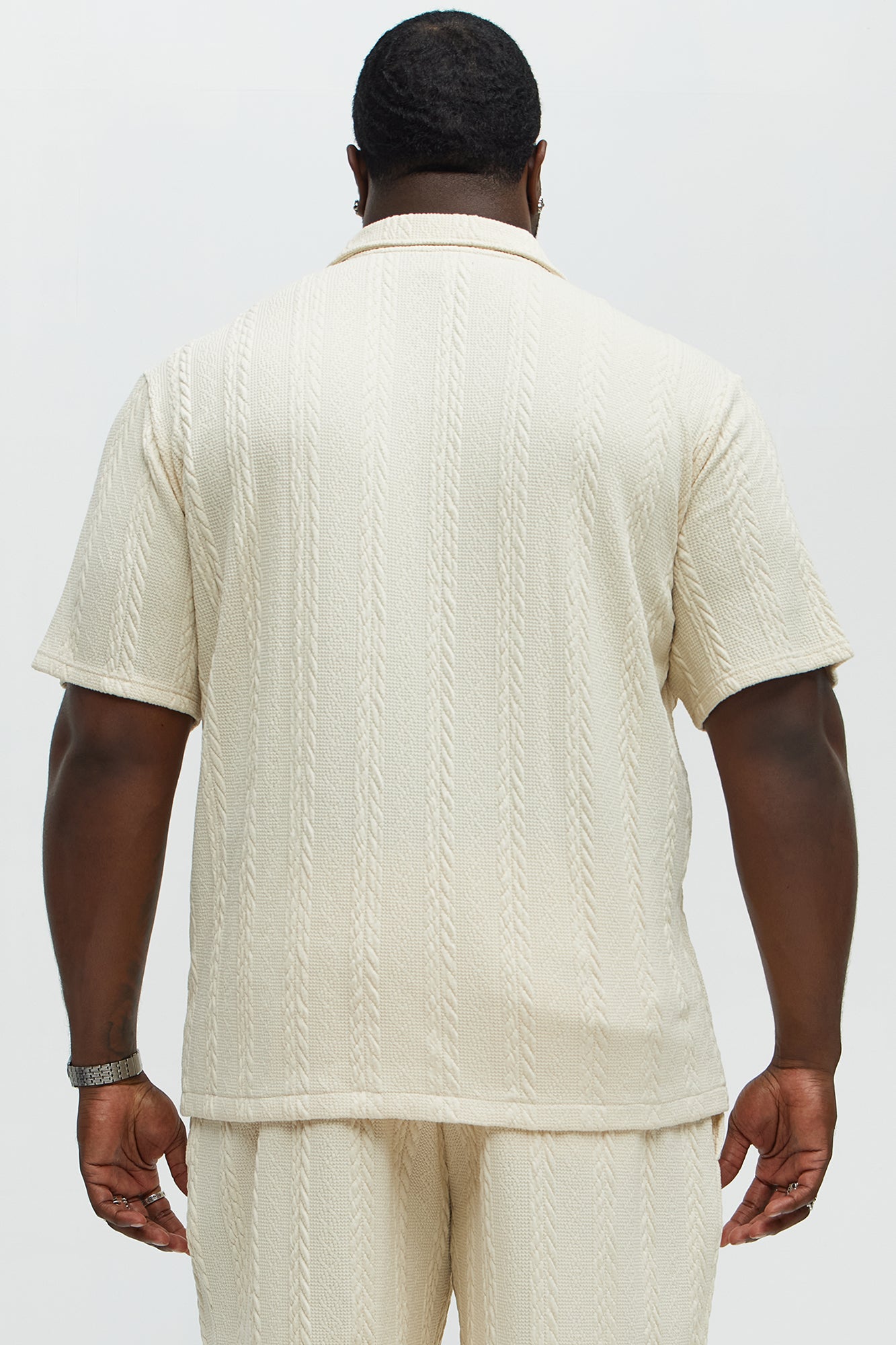 Textured Stripes Cuban Short Sleeve Button Up Shirt - Cream - Image 8