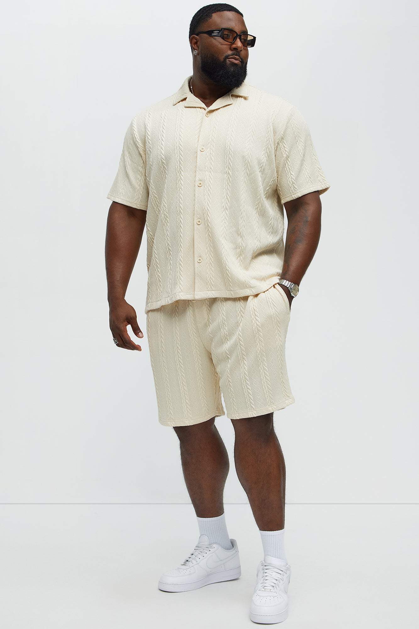 Textured Stripes Relaxed Drawstring Shorts - Cream - Image 6
