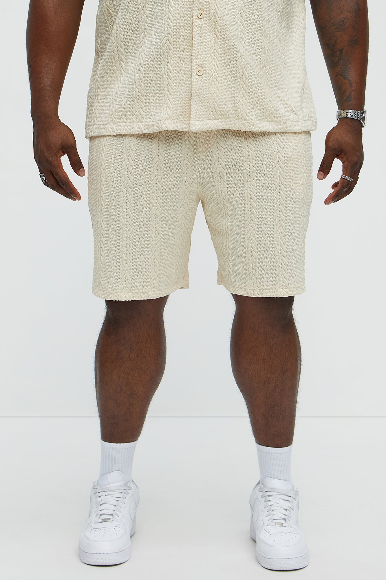 Textured Stripes Relaxed Drawstring Shorts - Cream - Image 5