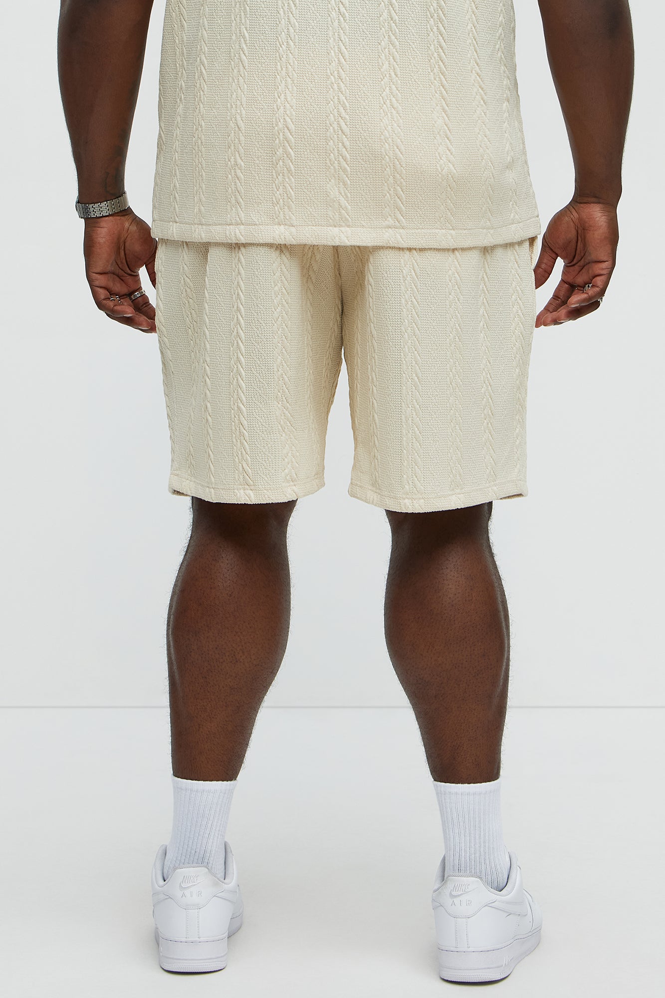 Textured Stripes Relaxed Drawstring Shorts - Cream - Image 8