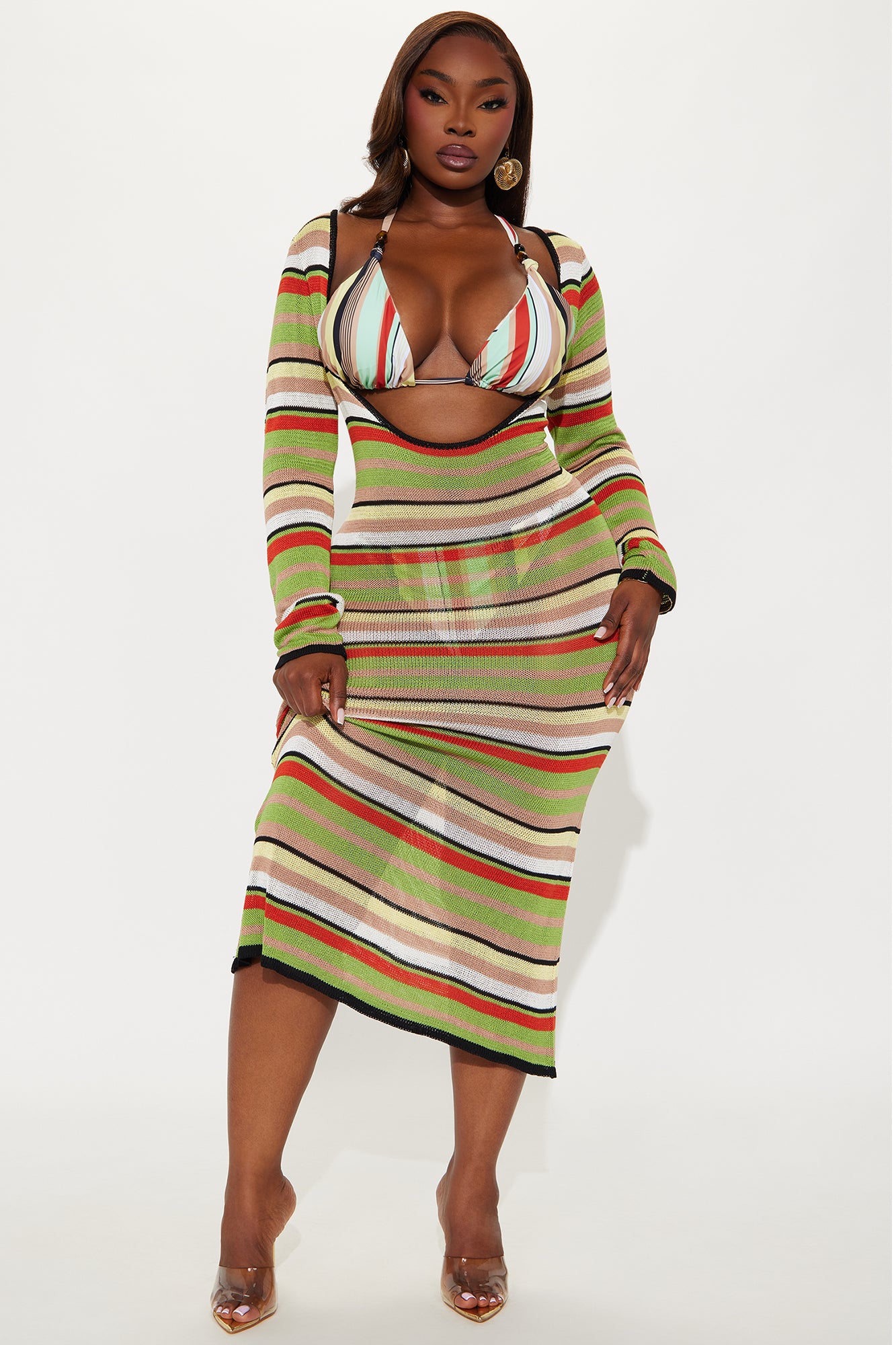 Genesis Striped 3 Piece Bikini & Knit Dress Set - Green/combo - Image 7