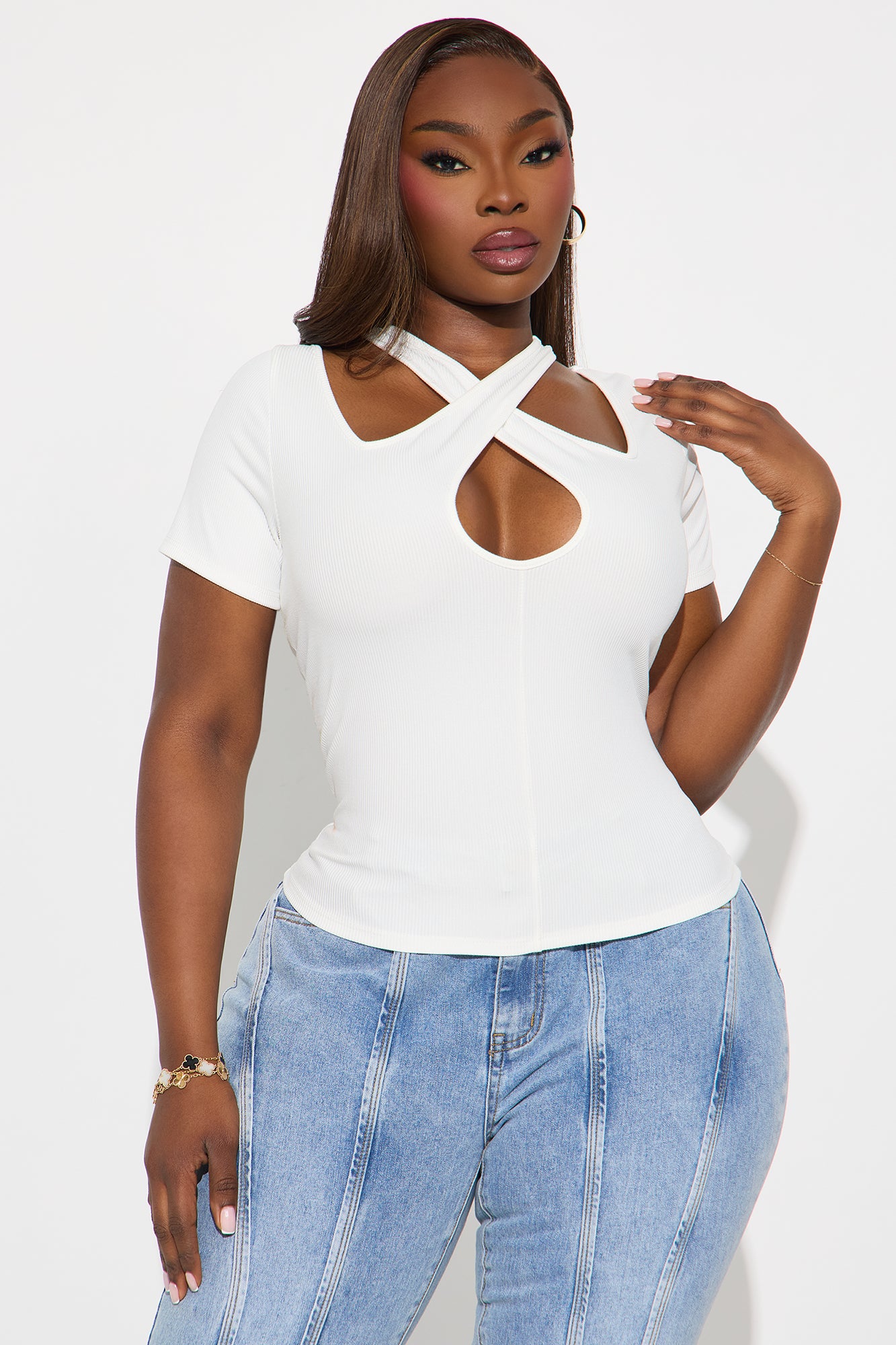 Chita Ribbed Short Sleeve Top - White - Image 4