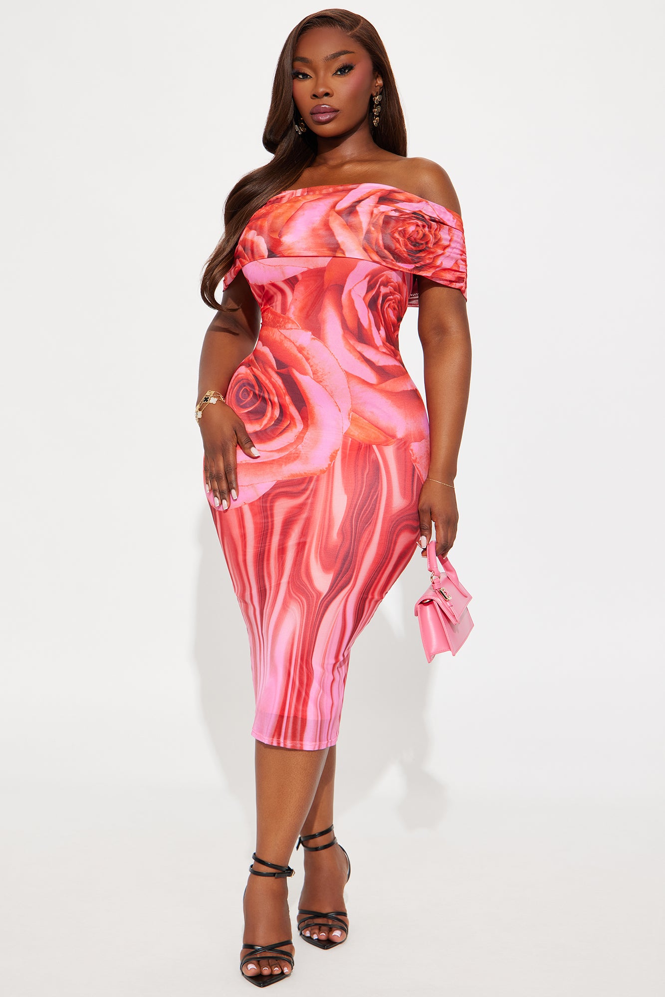 Rosey Mesh Floral Midi Dress - Pink - Image 4