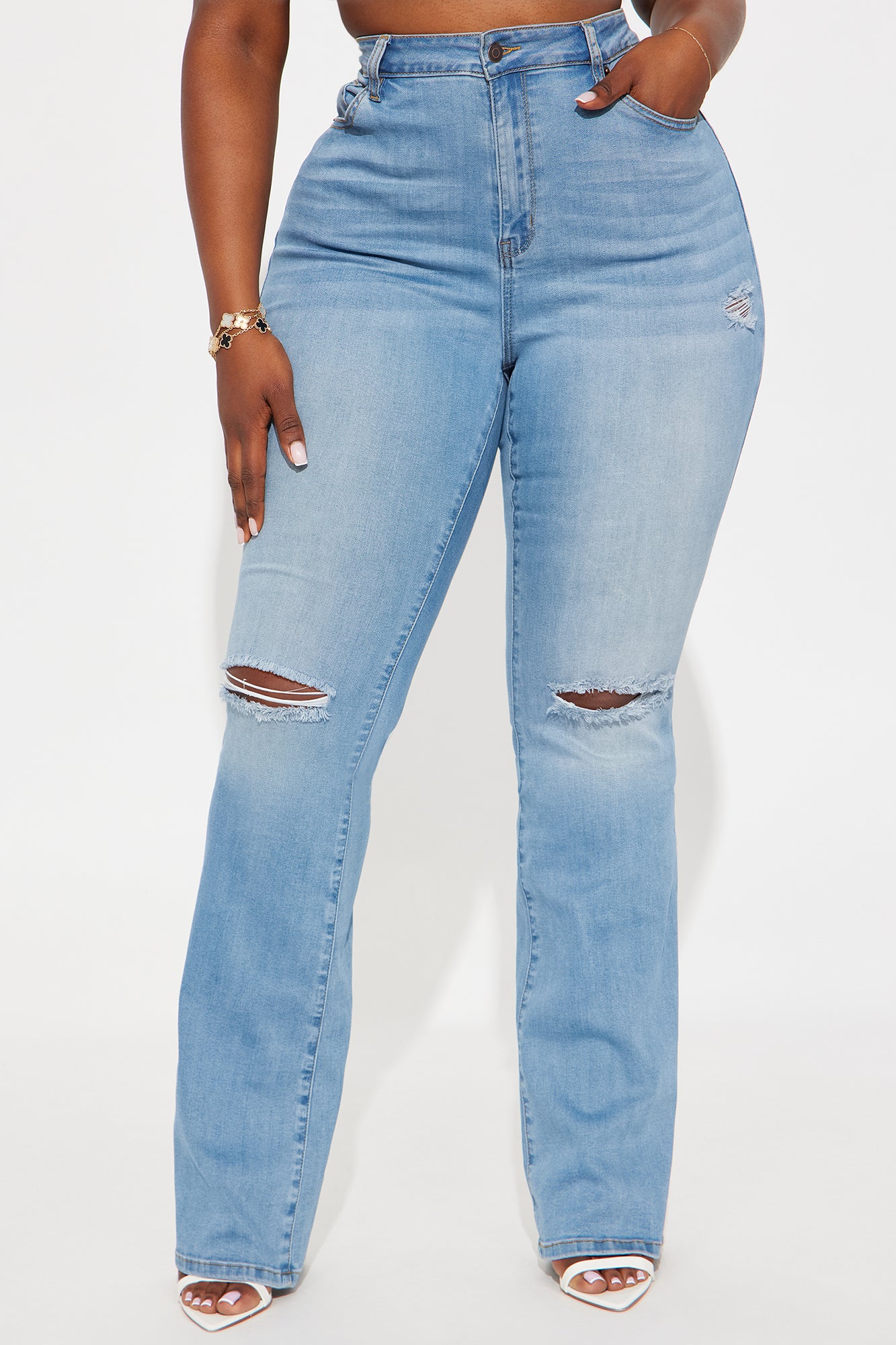 Tall Luxurious Distressed Super Stretch Flare Jeans - Medium Blue Wash - Image 5