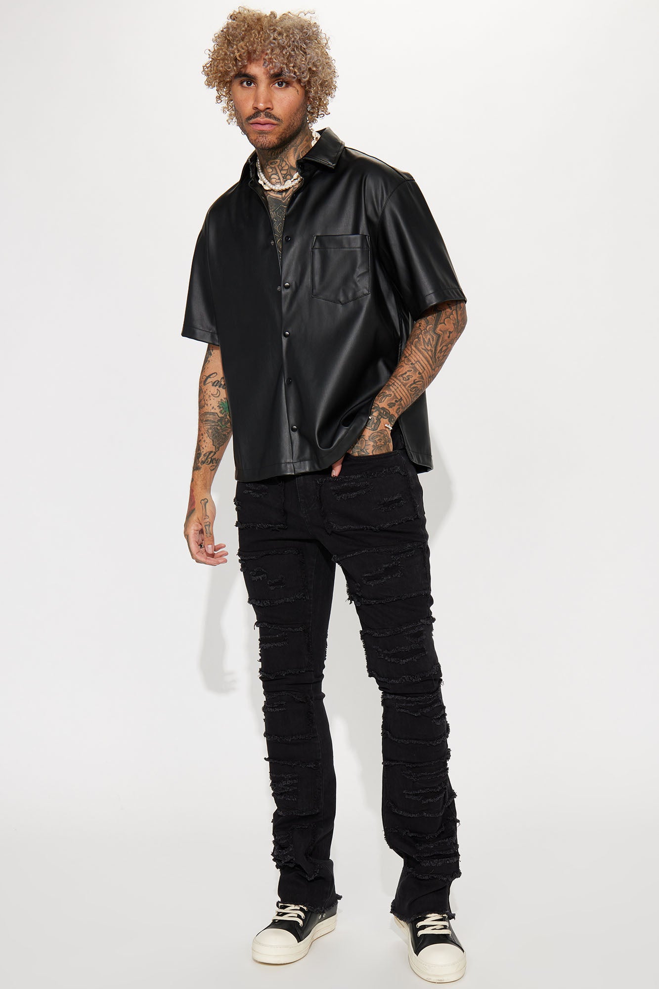 Shredded Stacked Skinny Flared Jeans - Black Wash - Image 3