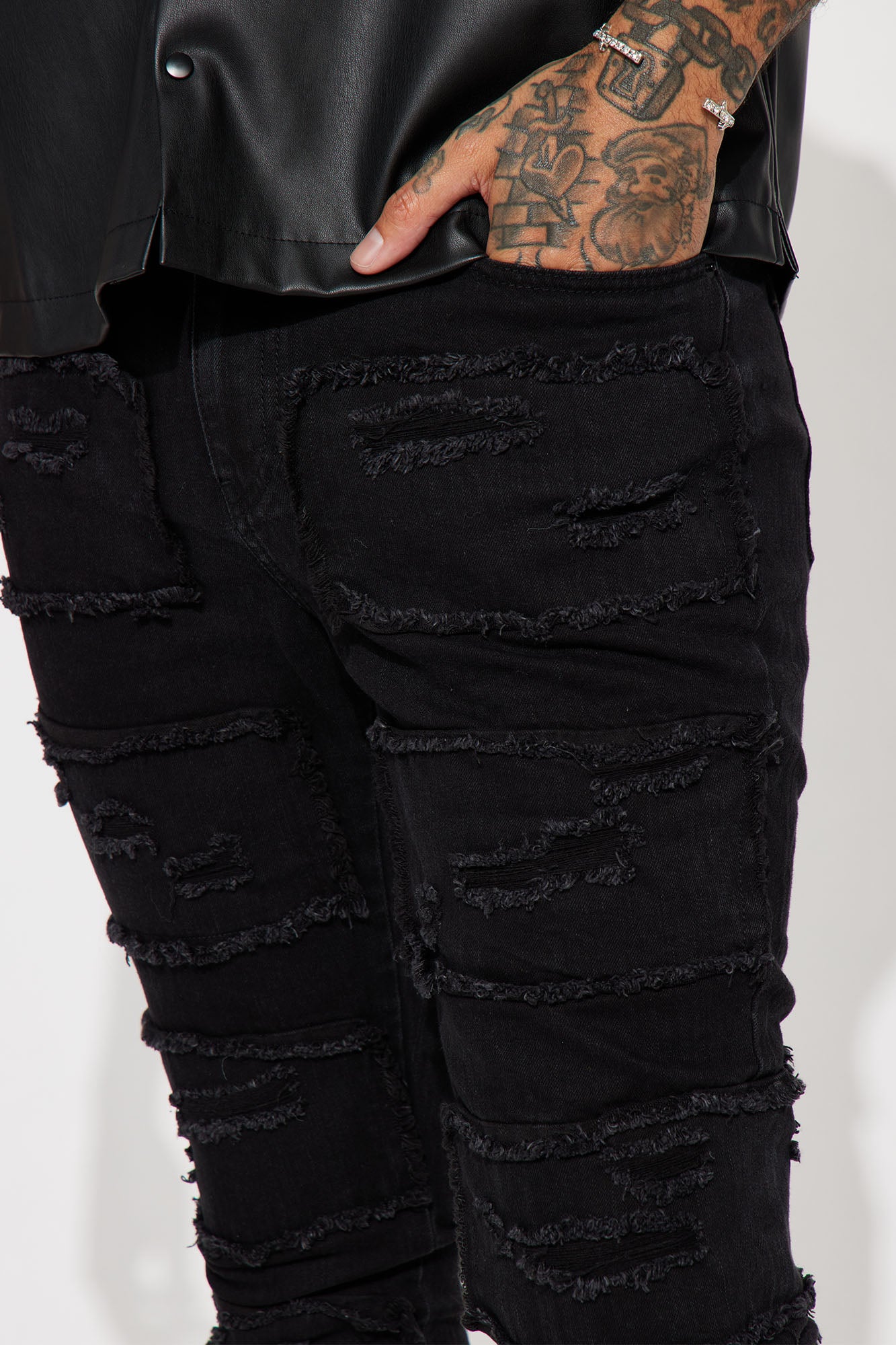 Shredded Stacked Skinny Flared Jeans - Black Wash - Image 4