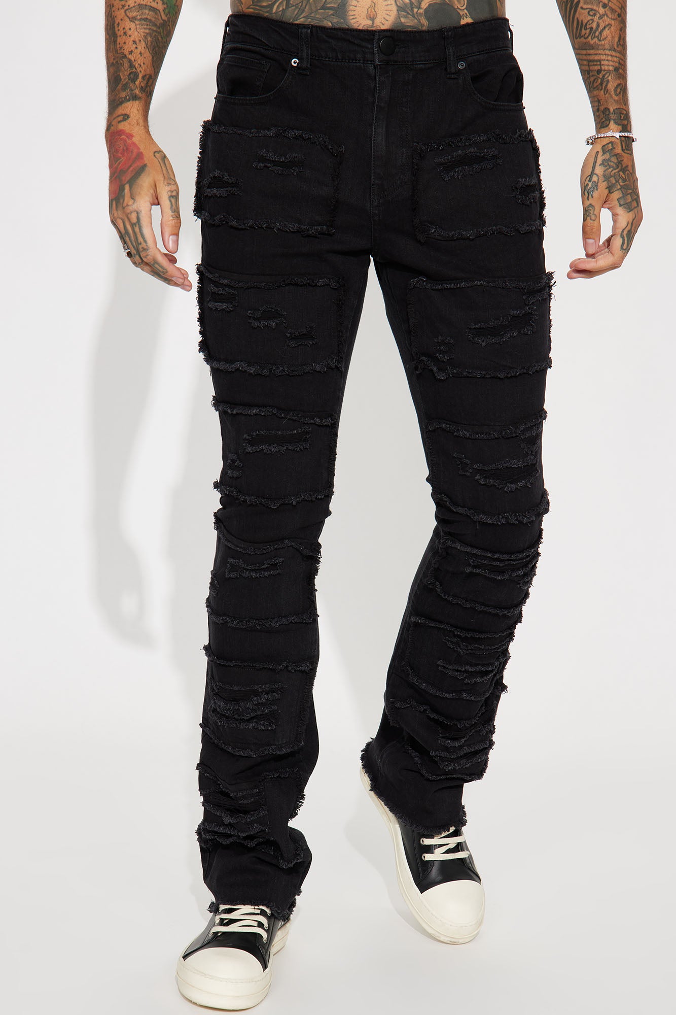 Shredded Stacked Skinny Flared Jeans - Black Wash - Image 5