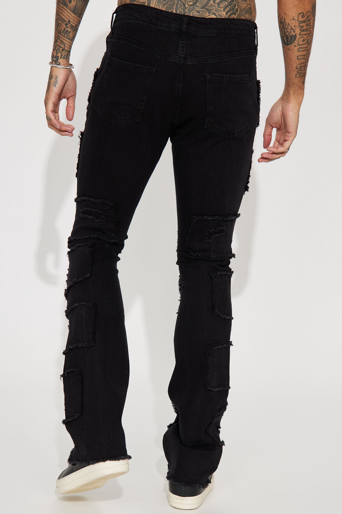 Shredded Stacked Skinny Flared Jeans - Black Wash - Image 6