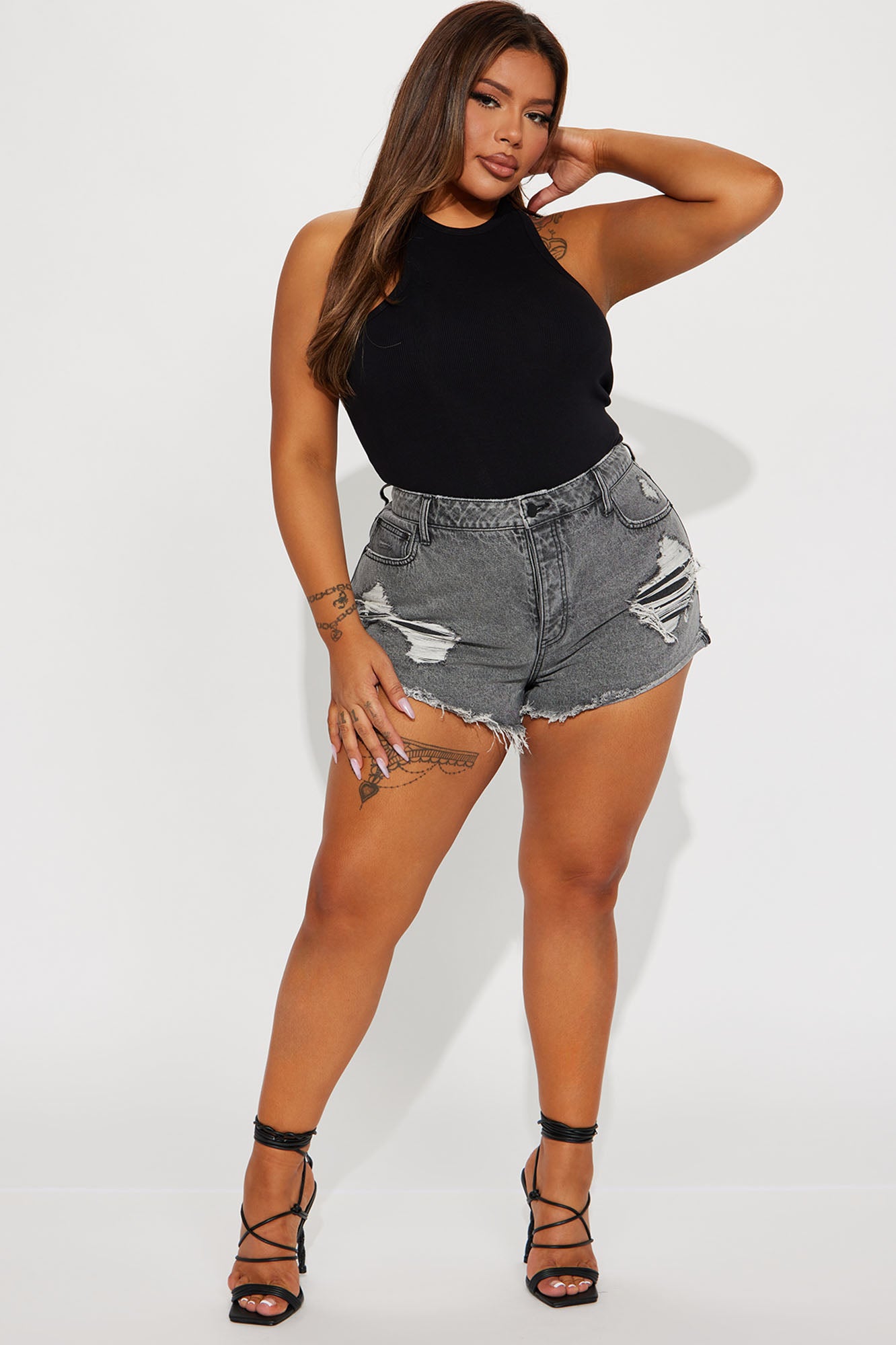 Clover Distressed Non Stretch Denim Shorts - Acid Wash Black - Image 5