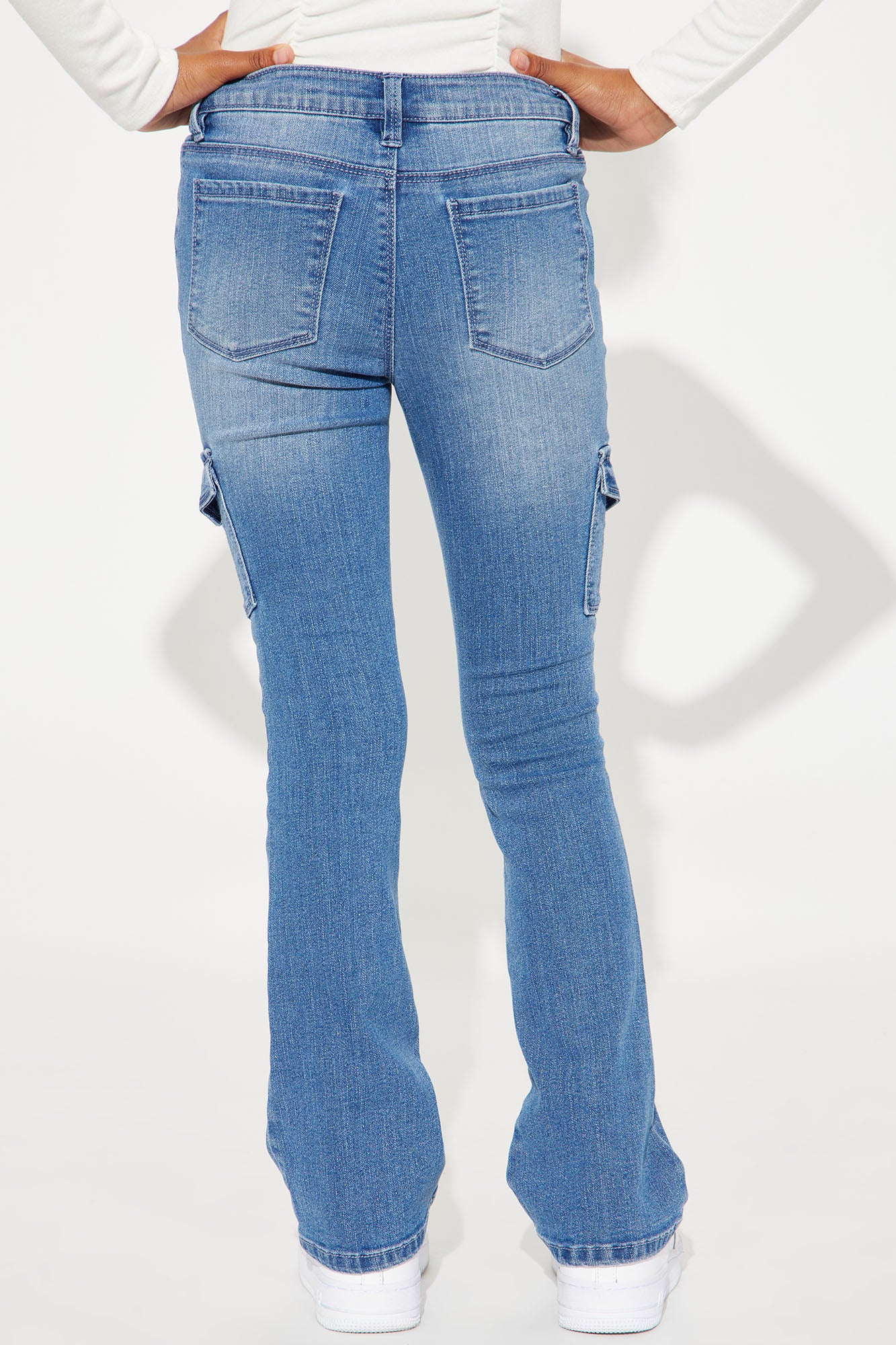 Mini Denim Cargo Pocket Flare Jeans - Medium Wash - Image 4