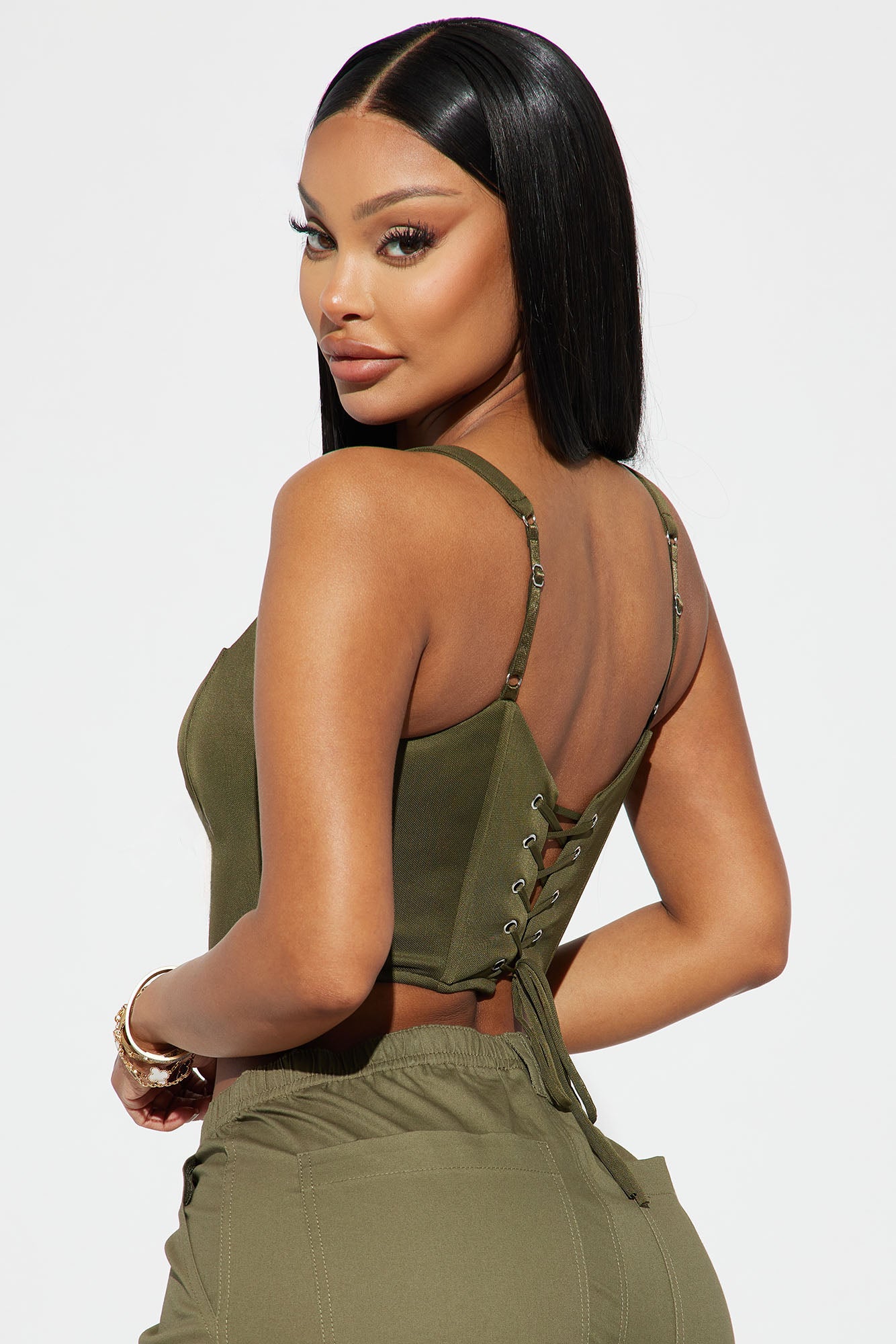 Peek A Boo Corset Top - Olive - Image 3