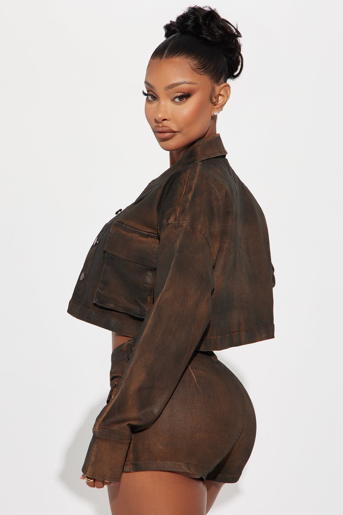 Taking Control Cropped Trucker Jacket - Chocolate - Image 3