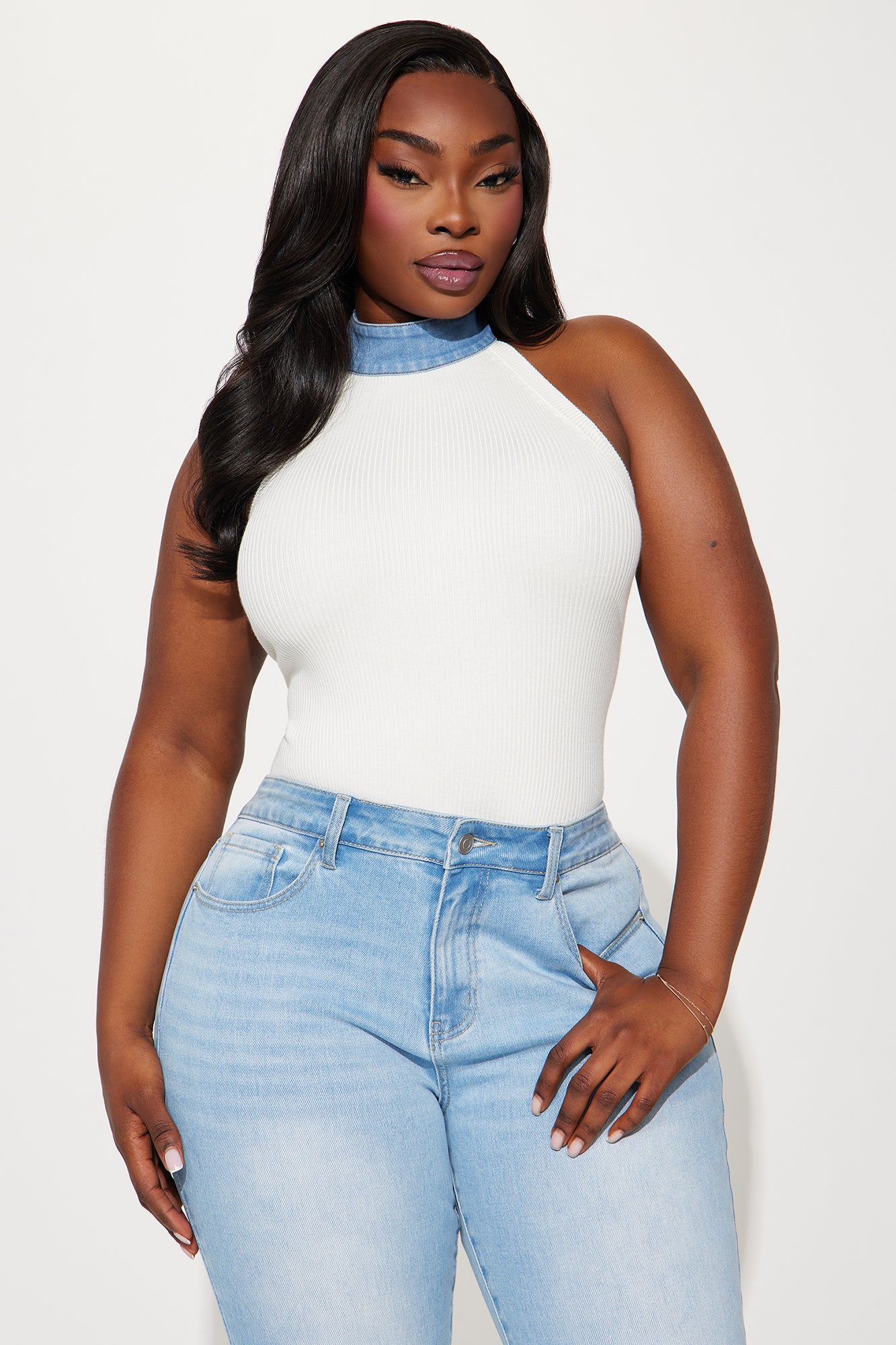 Delaney Denim Halter Sweater Top - Ivory/combo - Image 5