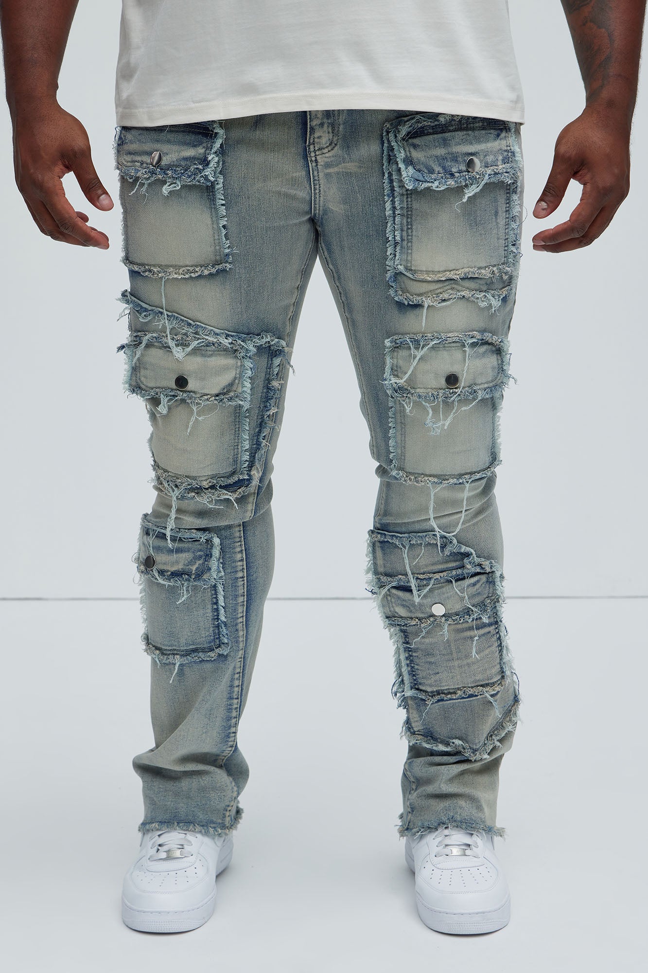Let's Go Fray Cargo Skinny Flare Jeans - Light Wash - Image 6