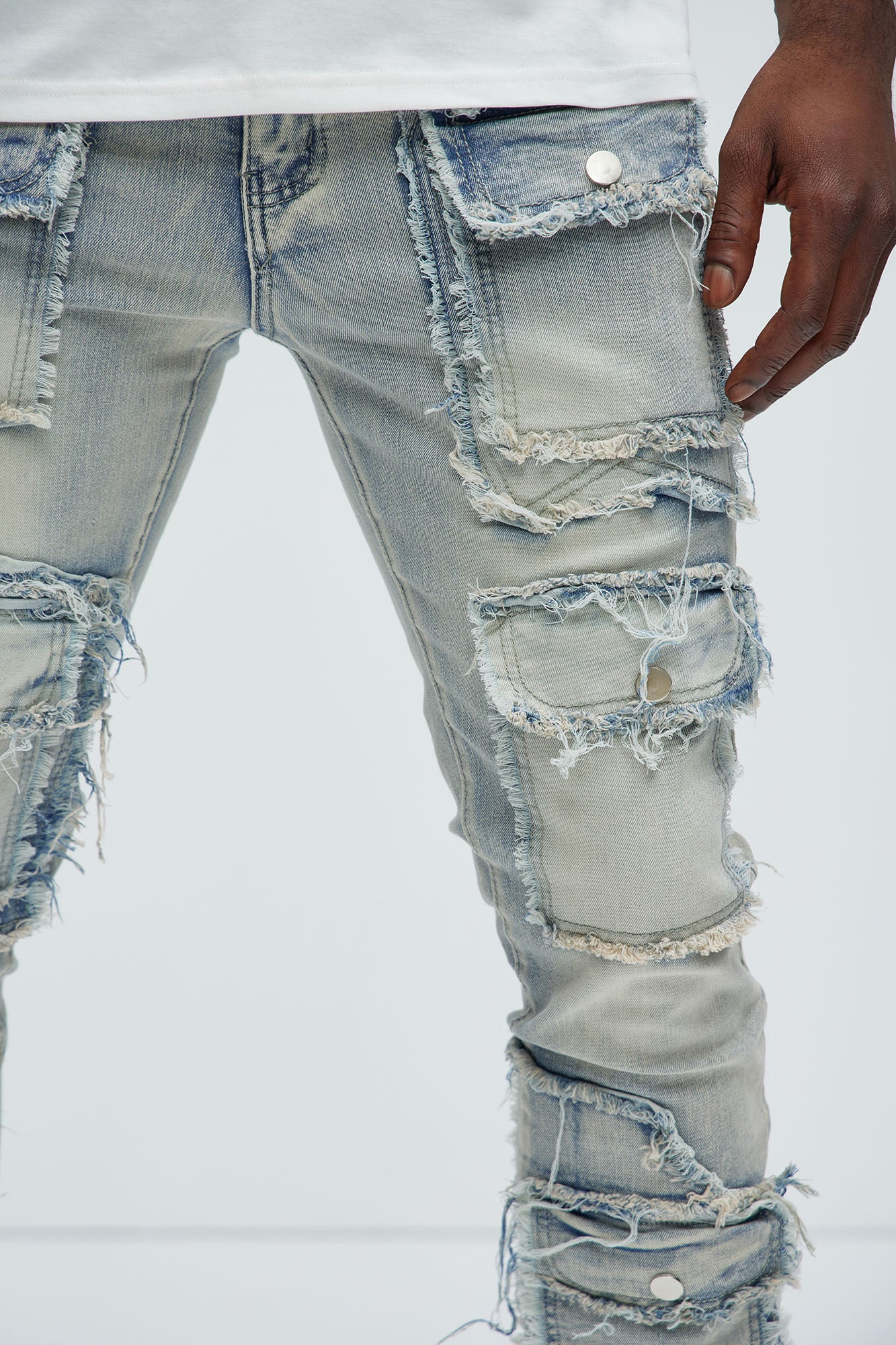 Let's Go Fray Cargo Skinny Flare Jeans - Light Wash - Image 3