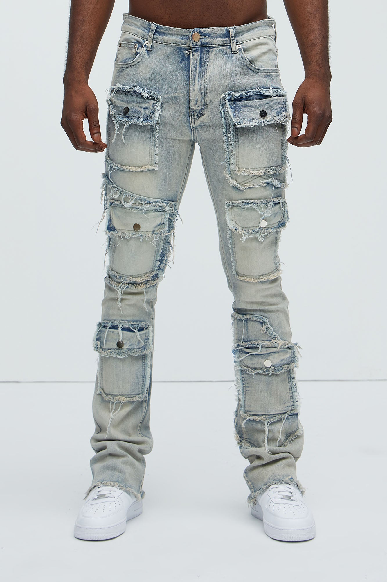 Let's Go Fray Cargo Skinny Flare Jeans - Light Wash - Image 4