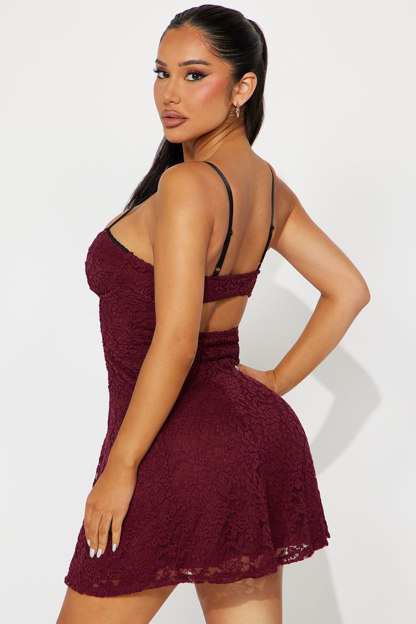 Lace Romance Mini Dress - Burgundy - Image 3