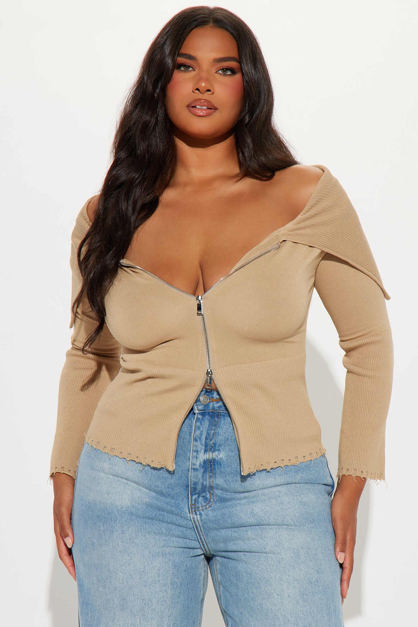 Rylee Off Shoulder Cardigan - Taupe - Image 4