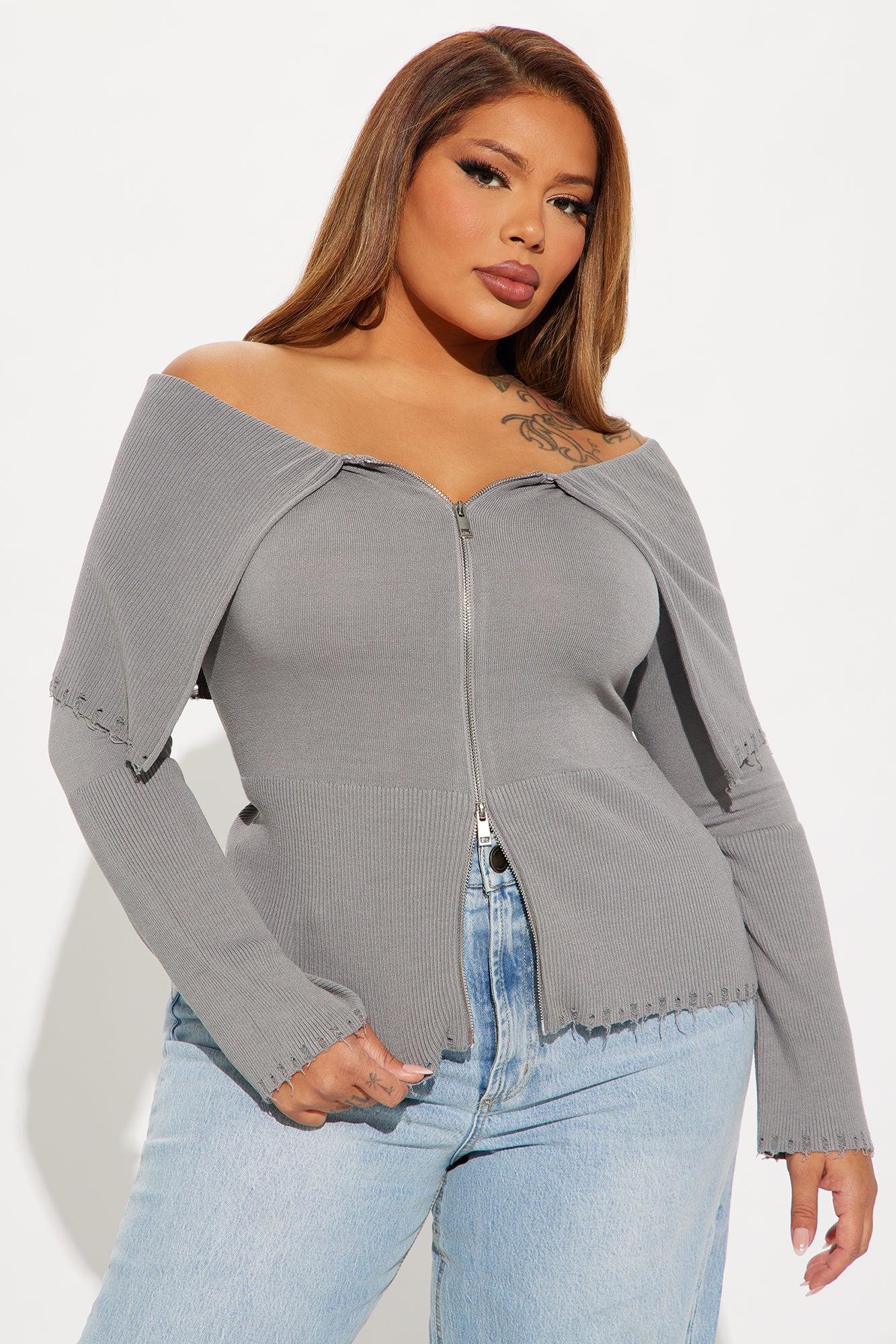 Rylee Off Shoulder Cardigan - Grey - Image 4