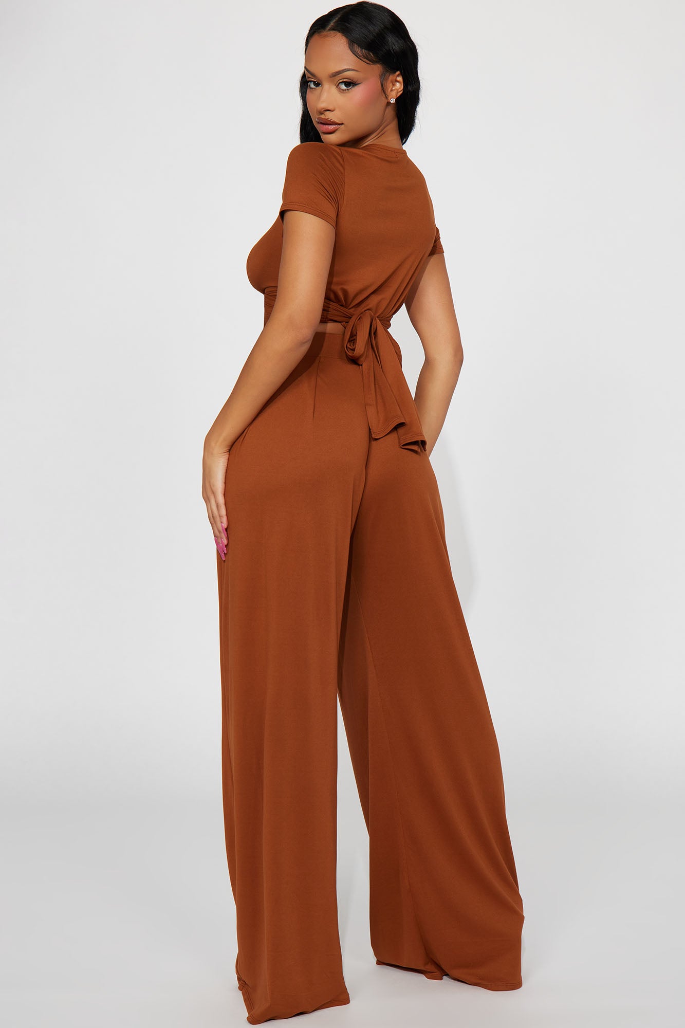 Casually Chic Wide Leg Pant Set - Mocha - Image 3