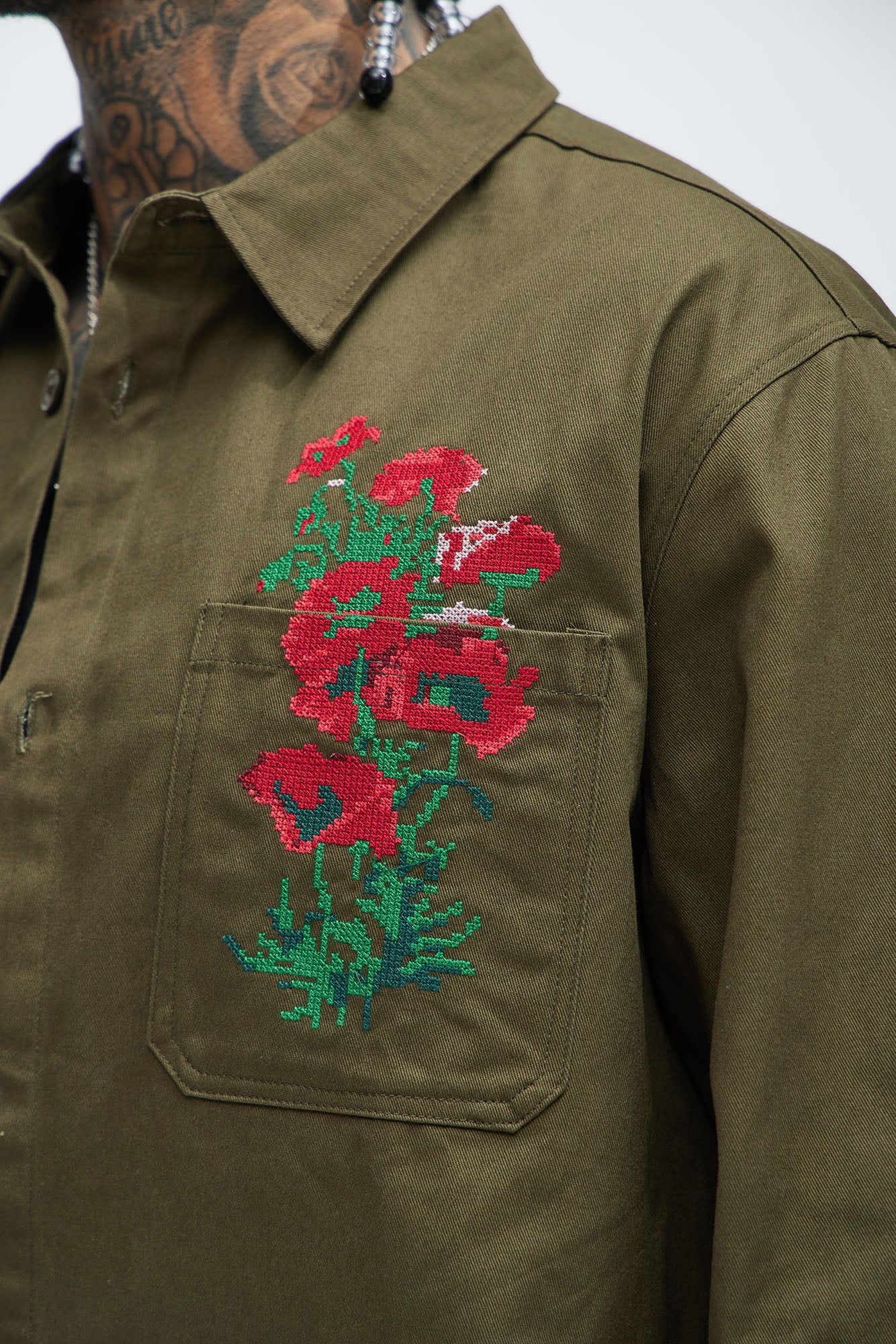 I Got You Embroidery Button Up Shirt - Olive - Image 3