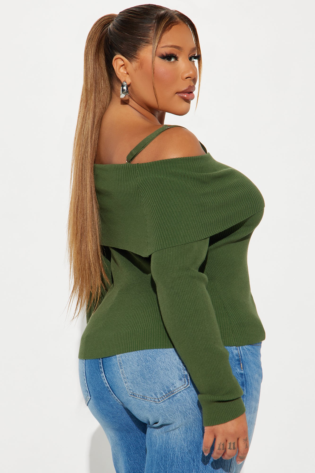 Morgan Off Shoulder Sweater - Olive - Image 6