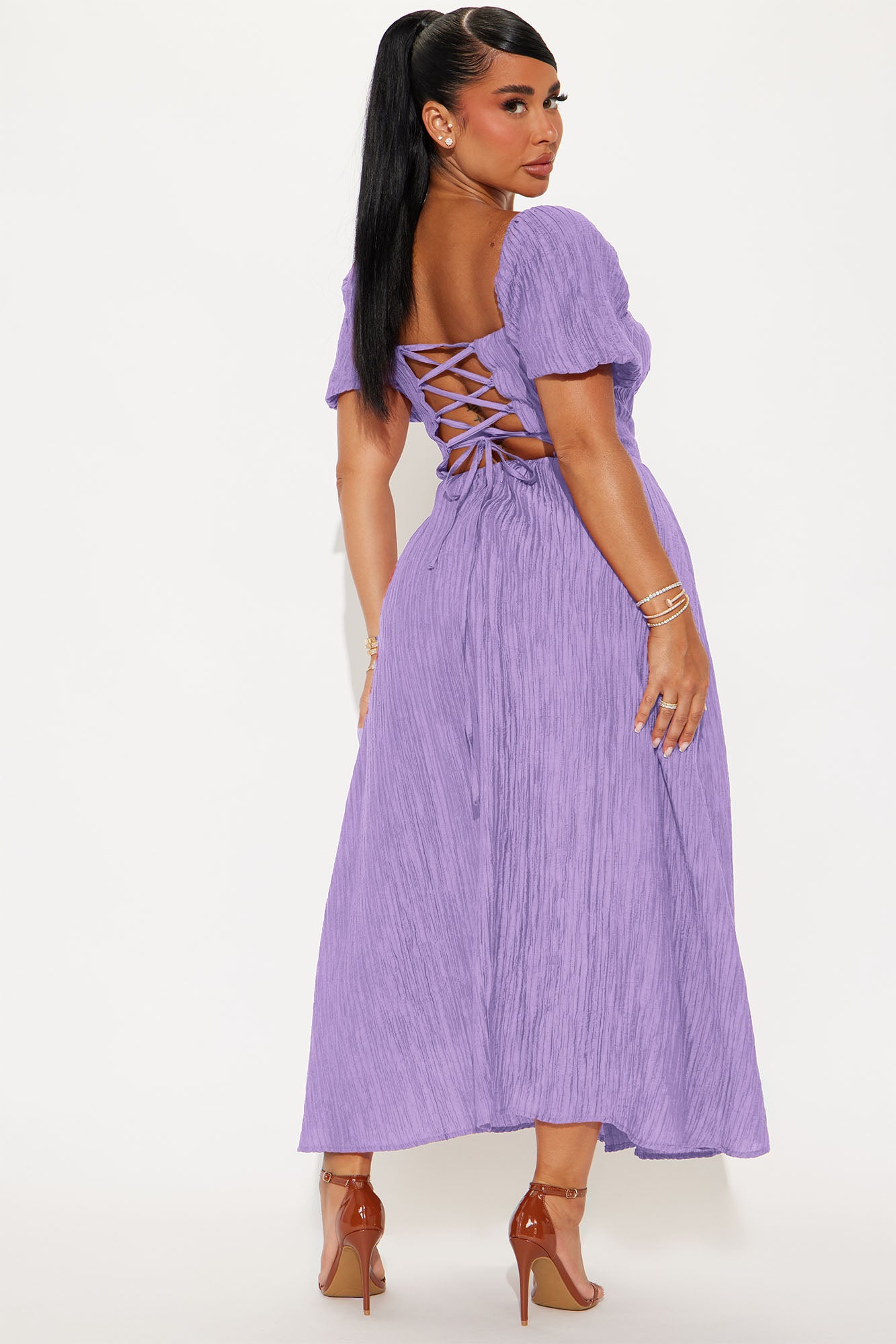 Celia Corset Textured Midi Dress - Lavender - Image 3