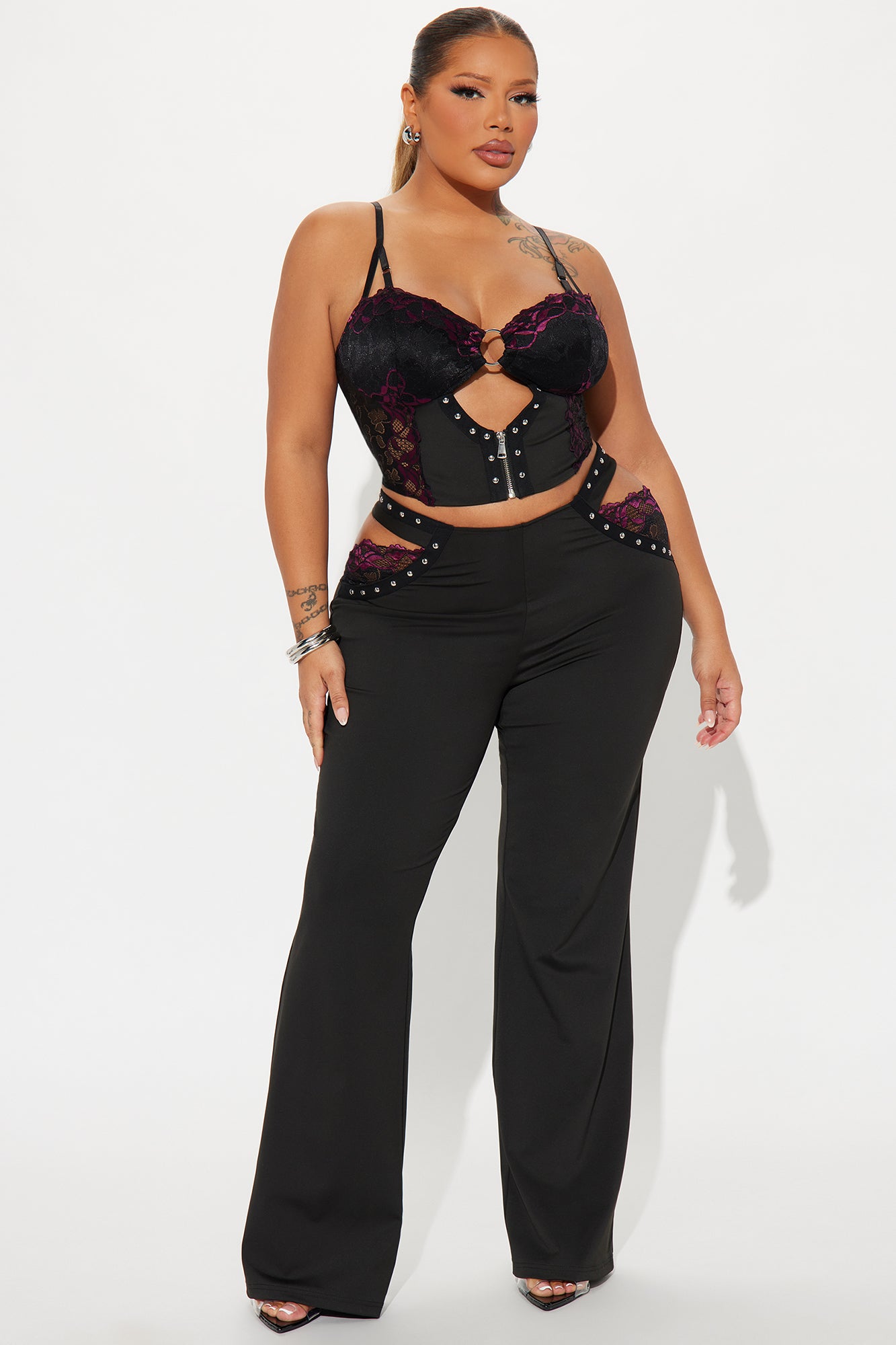 Diva Lace Flare Leg Pant Set - Black - Image 5
