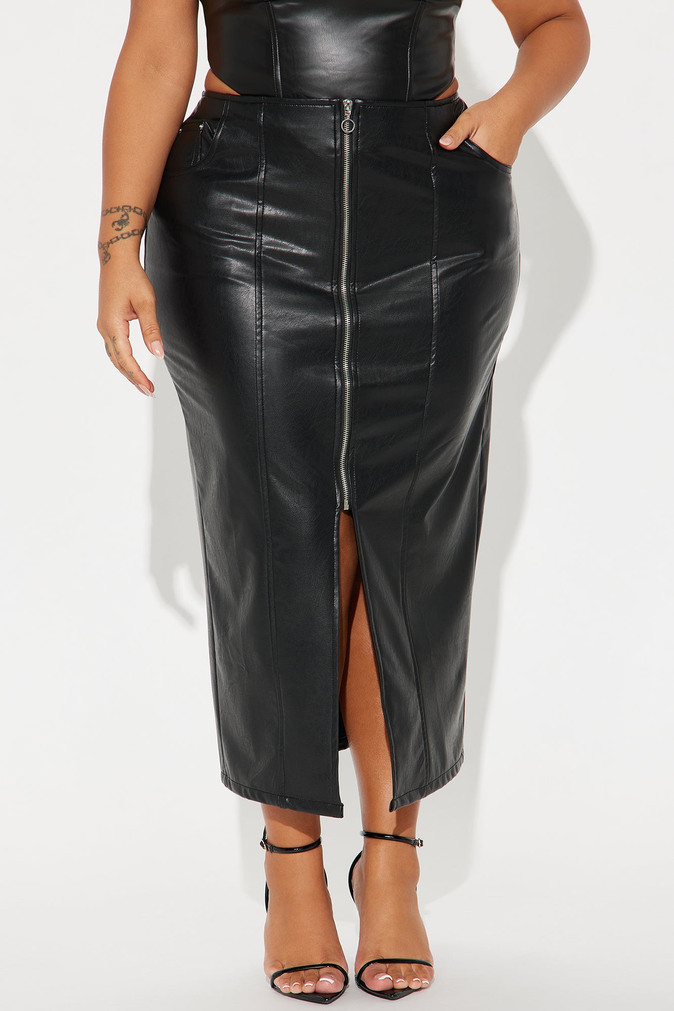 Under Radar Faux Leather Midi Skirt - Black - Image 5