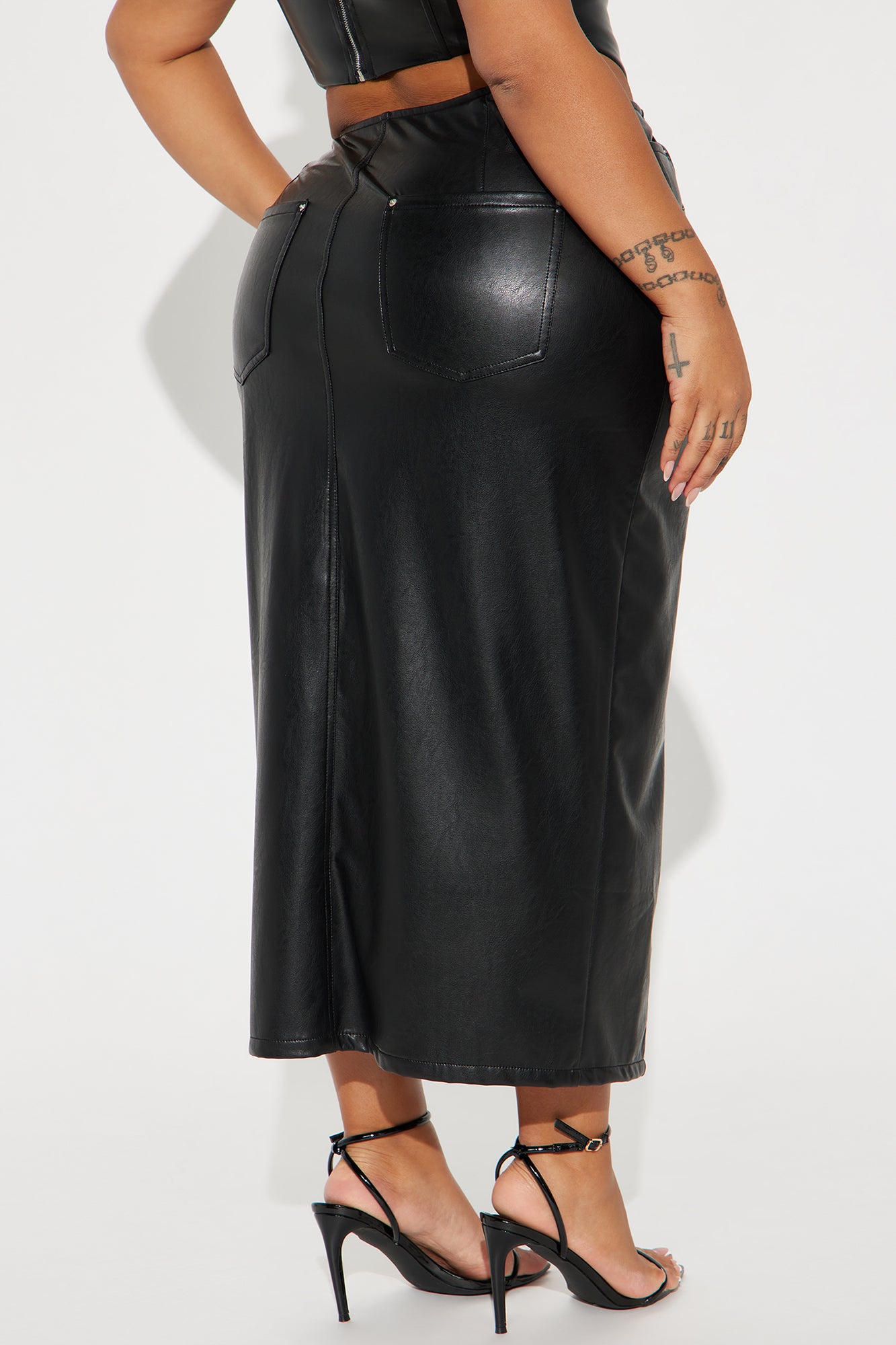 Under Radar Faux Leather Midi Skirt - Black - Image 6