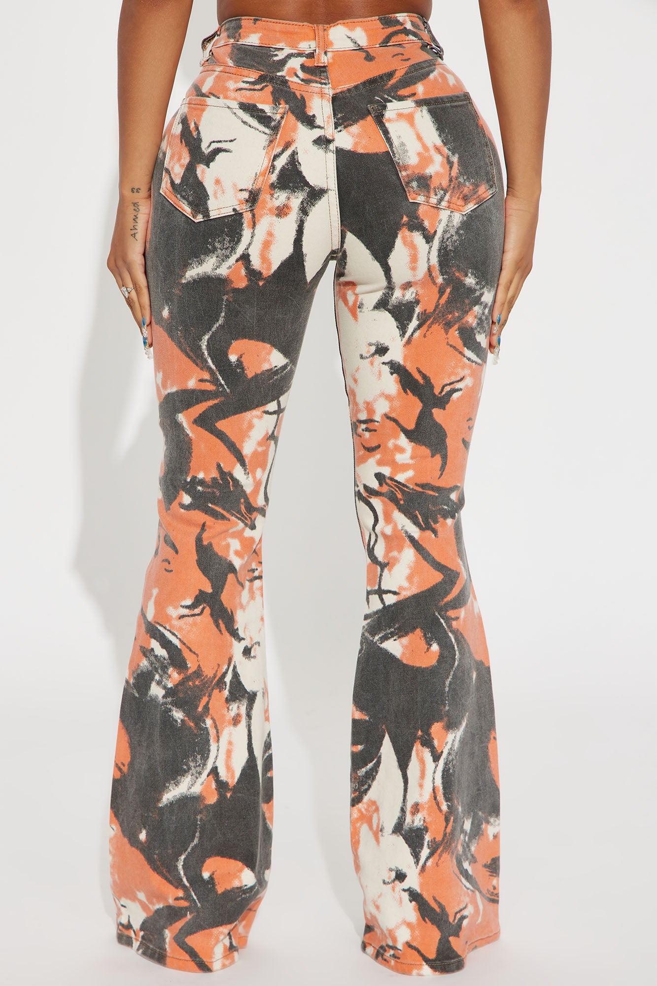 Always Standing Out Stretch Print Flare Jeans - Orange - Image 3
