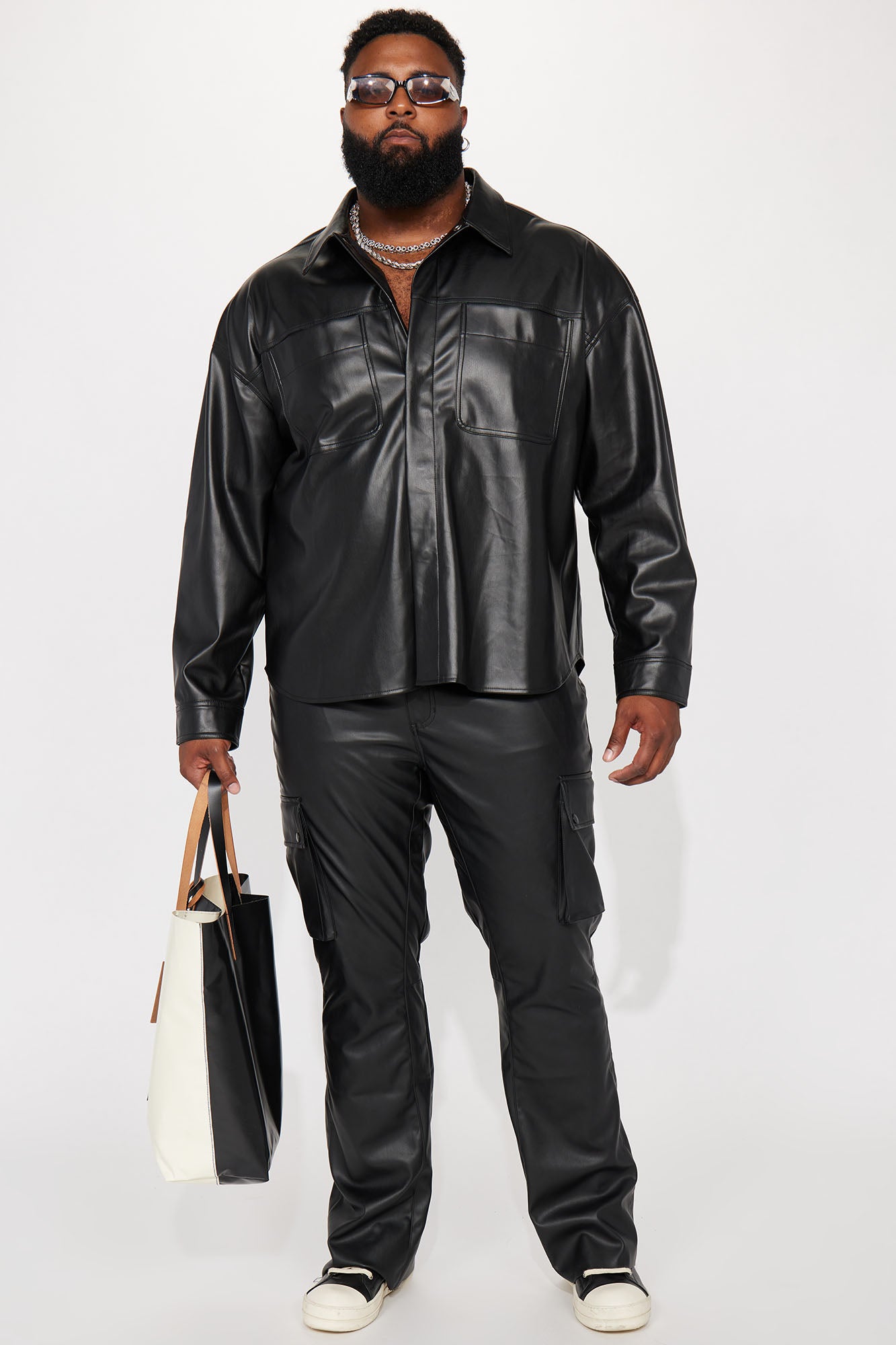 Finest Faux Leather Cargo Slim Flare Pants - Black - Image 5