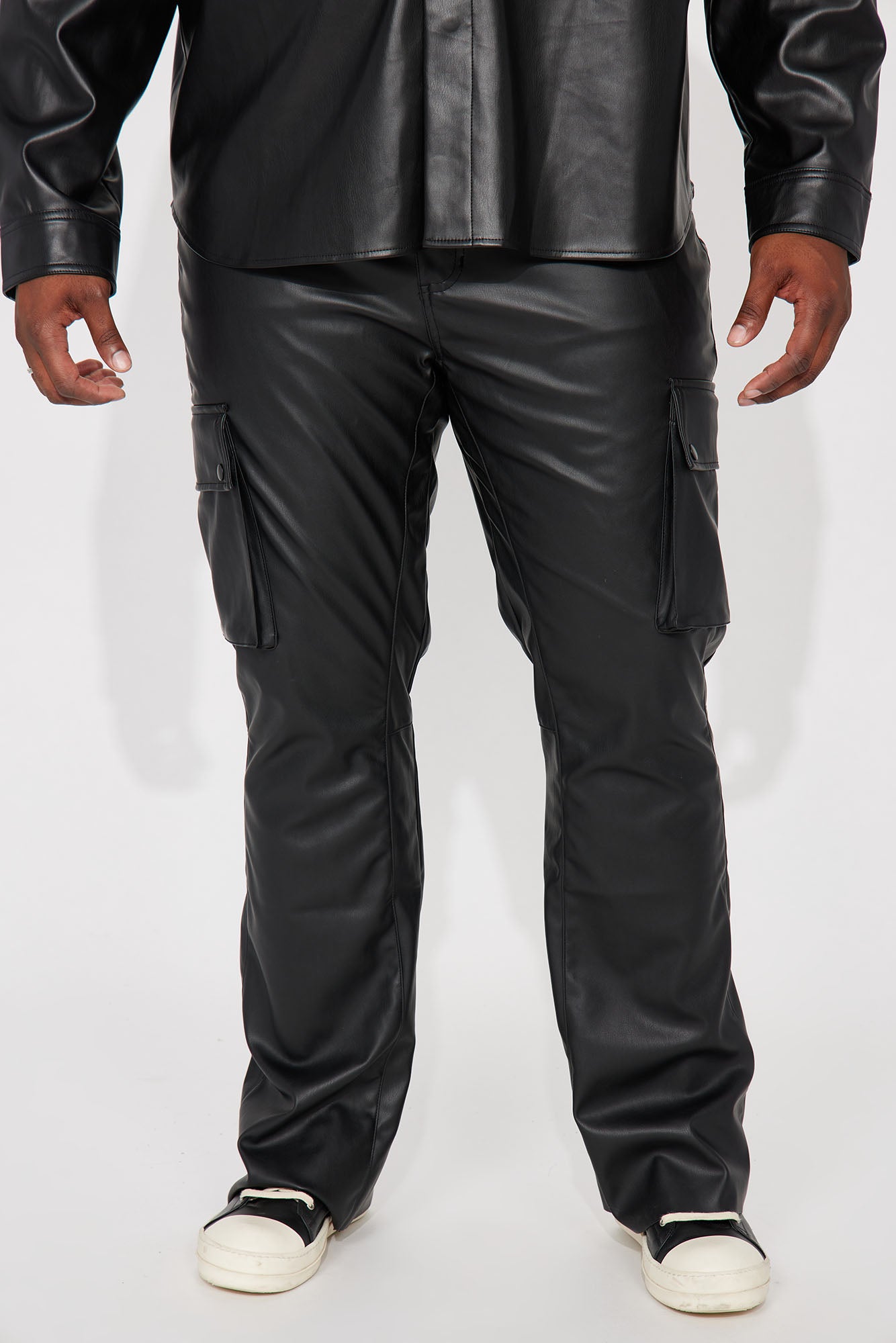Finest Faux Leather Cargo Slim Flare Pants - Black - Image 7