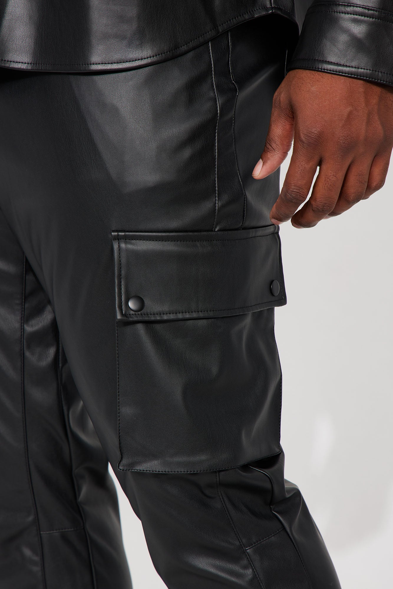 Finest Faux Leather Cargo Slim Flare Pants - Black - Image 6