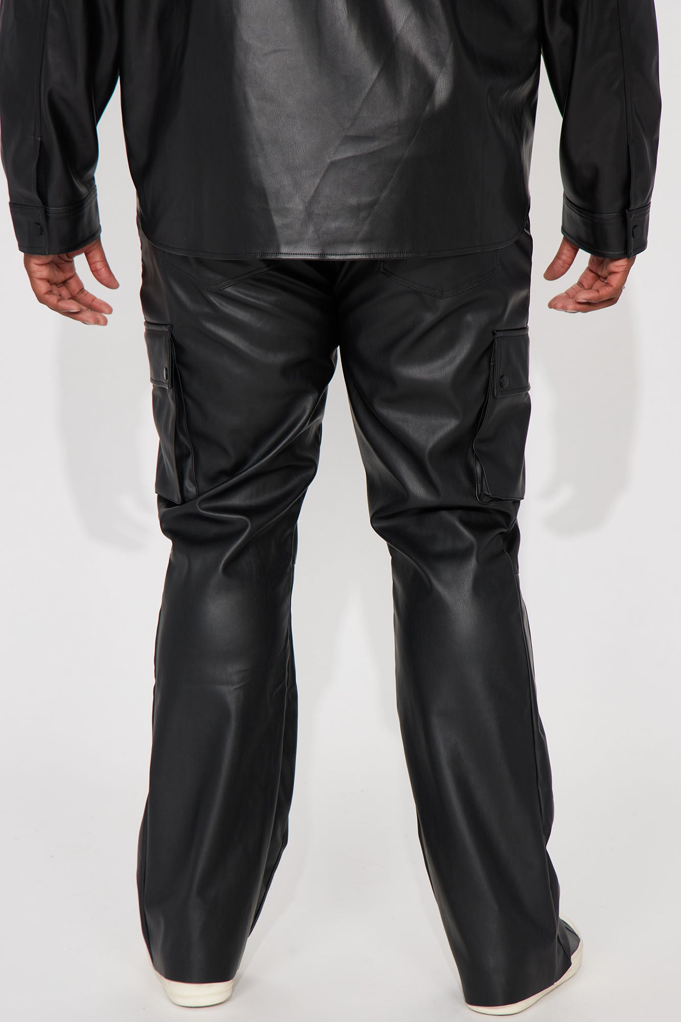 Finest Faux Leather Cargo Slim Flare Pants - Black - Image 8