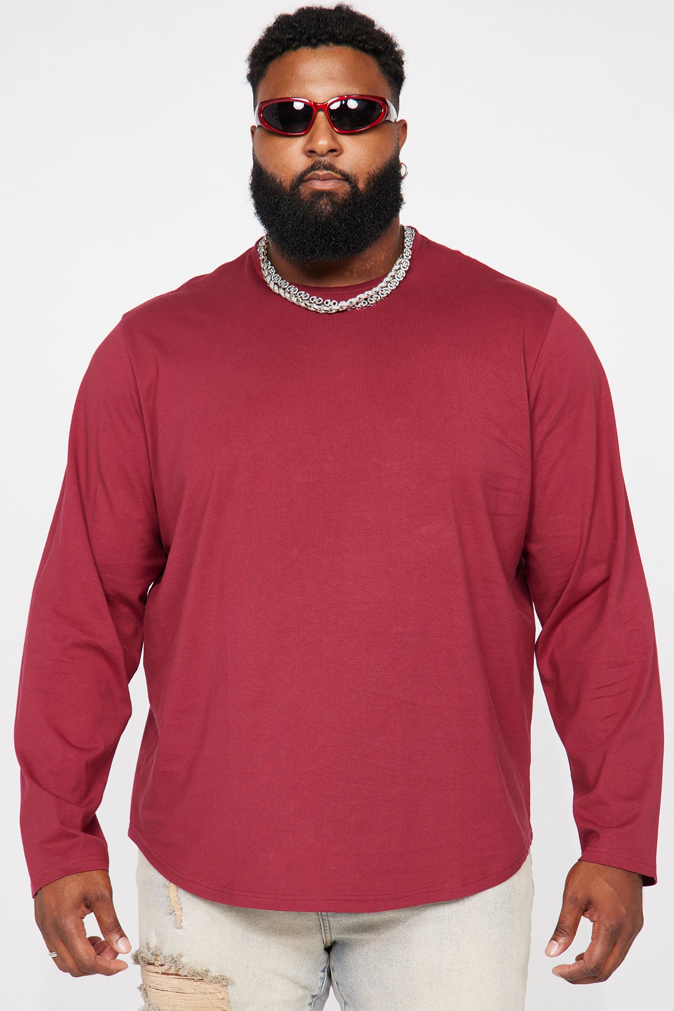 Essential Long Sleeve Scallop Tee - Burgundy - Image 3
