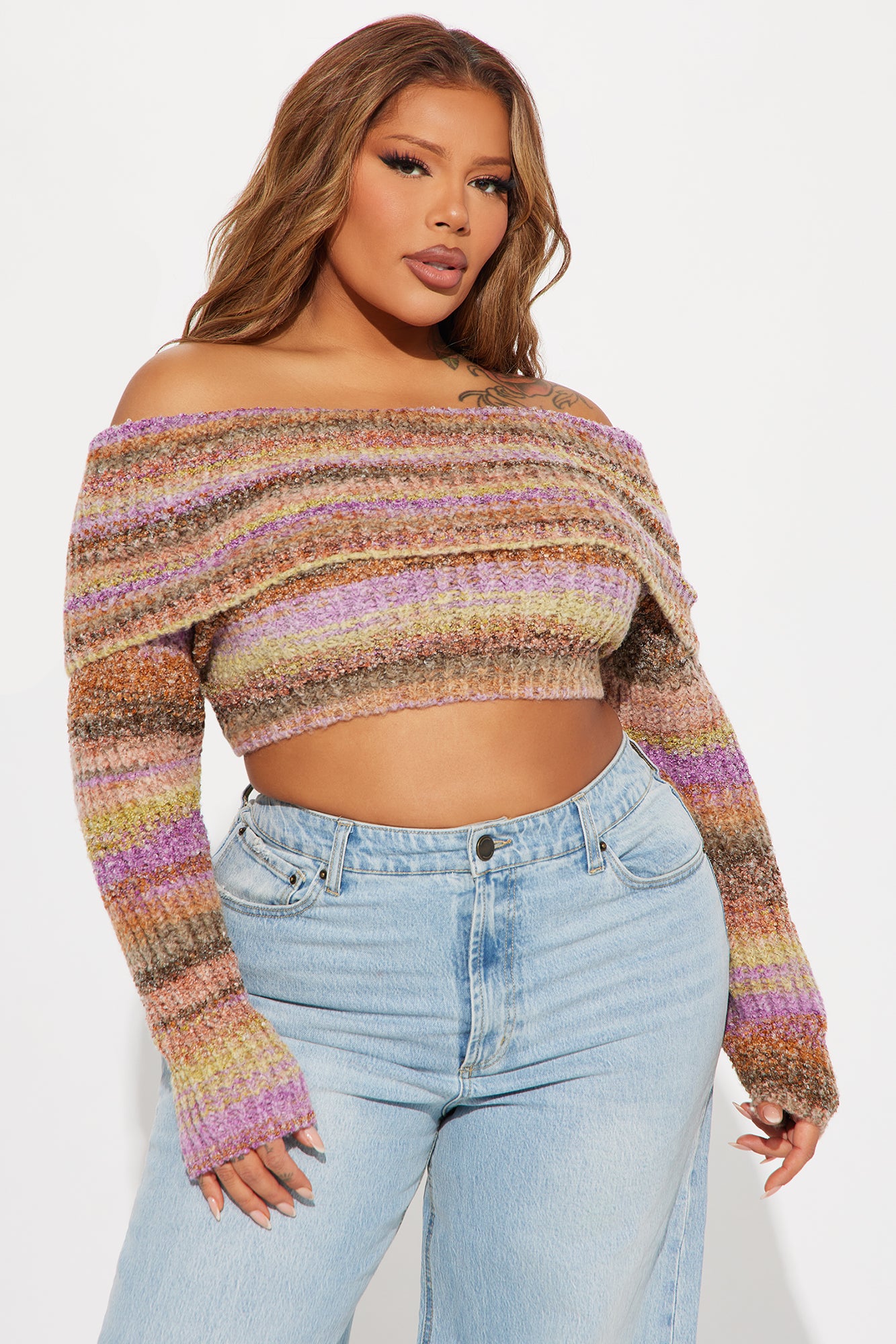 Autumn Leaves Off Shoulder Sweater - Purple/combo - Image 6