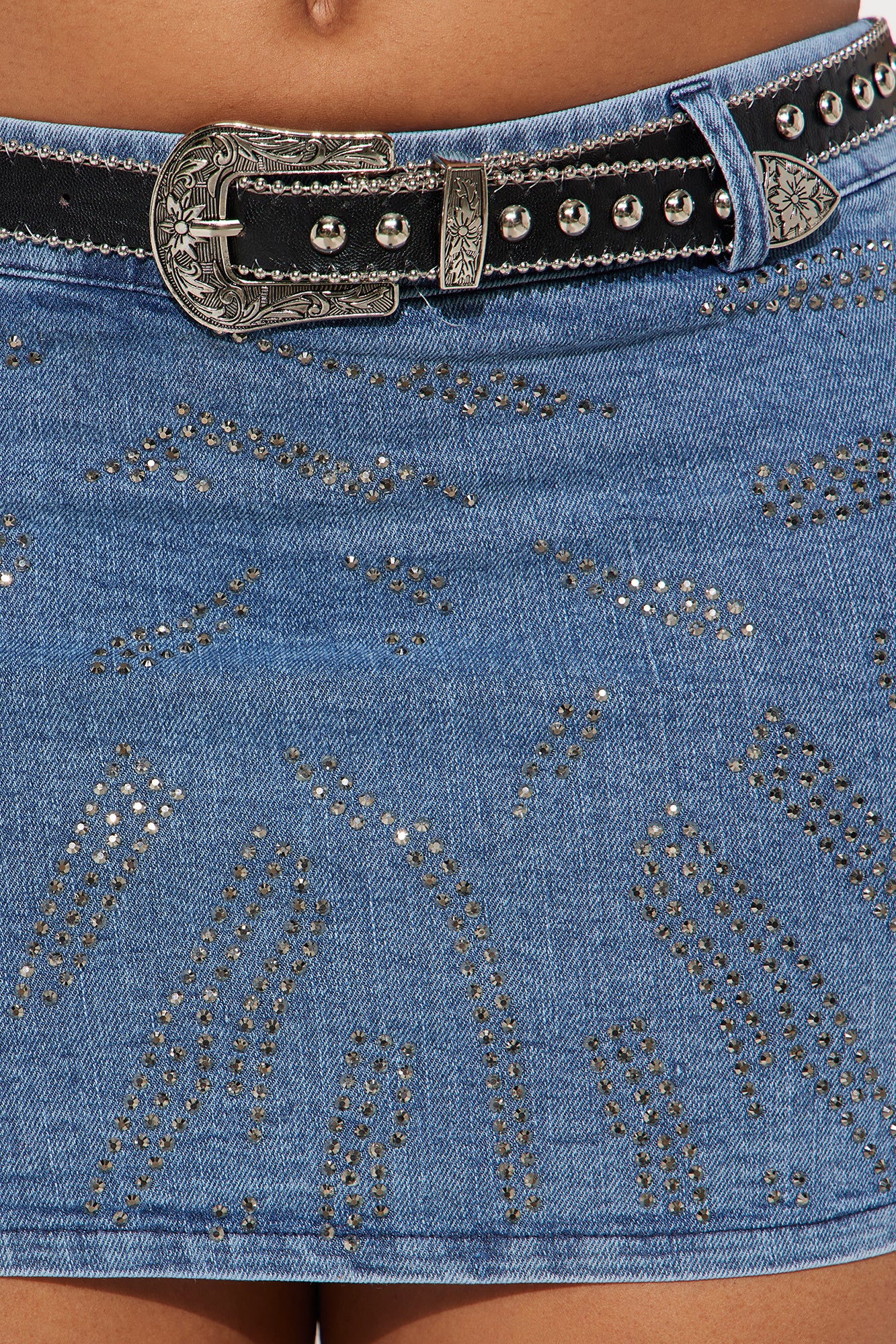 Wild One Embellished Denim Micro Mini Skirt - Medium Wash - Image 3